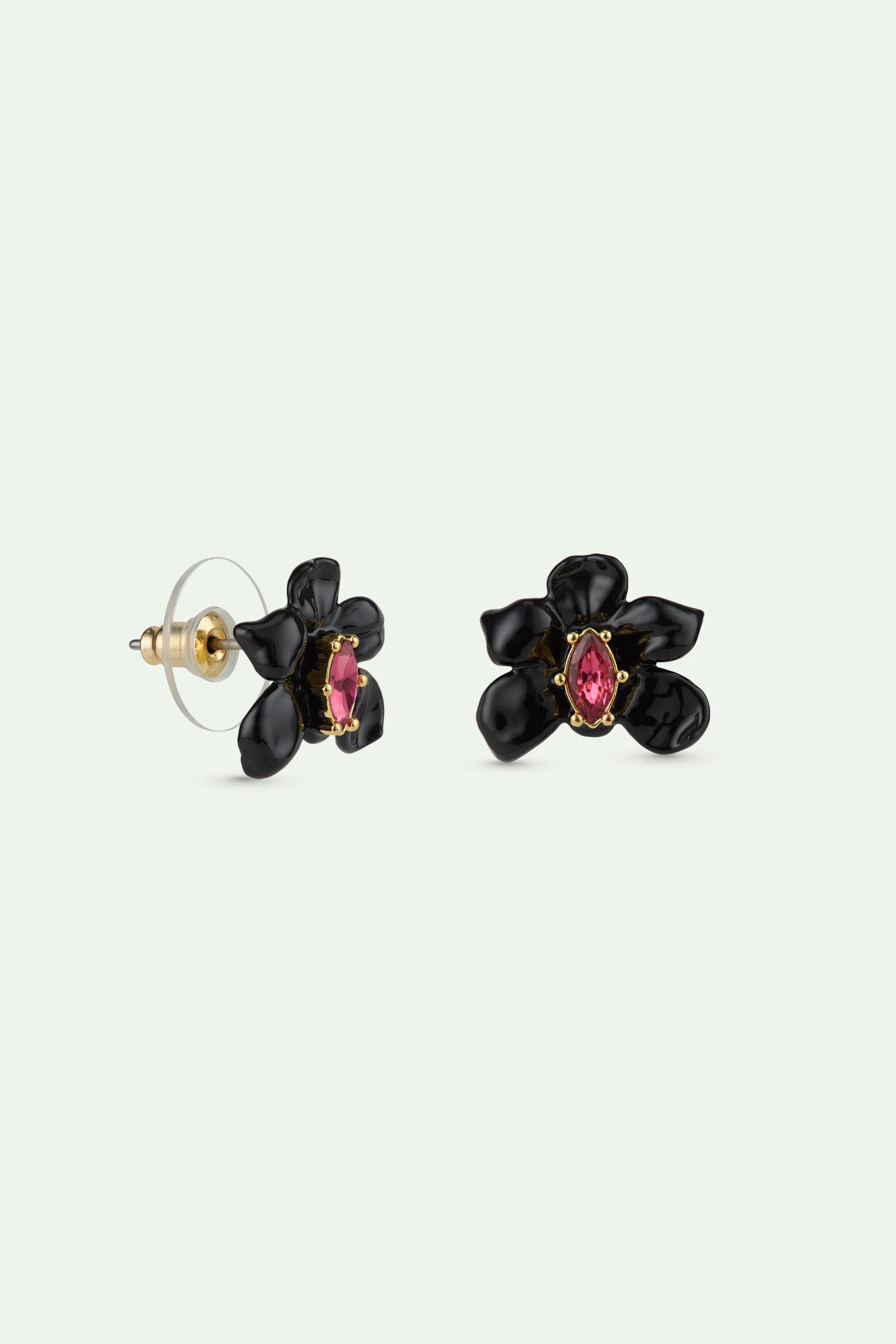 Boucles d'oreilles tiges orchidée noire et cristal rose - Image 3