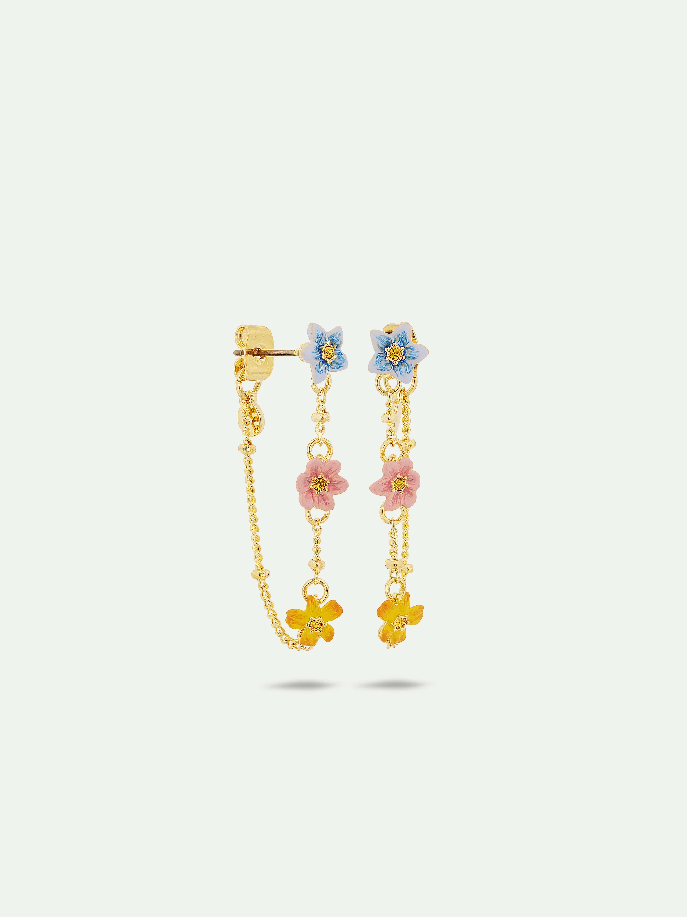 Boucles d'oreilles tiges pendantes avec 3 fleurs de jasmin colorées - Image 2