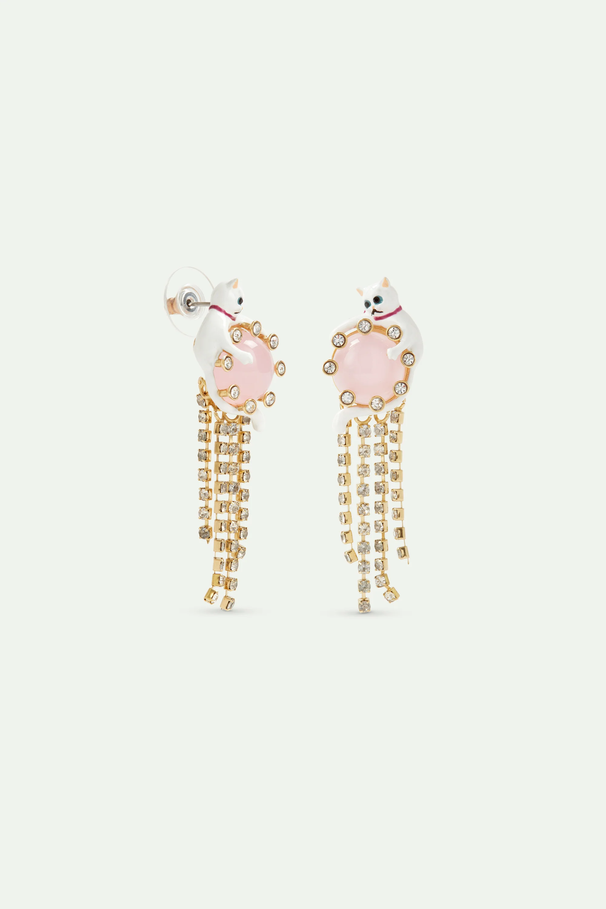 Boucles d'oreilles tiges pendantes chat blanc, pierre ronde rose, chaine strassée - Image 3