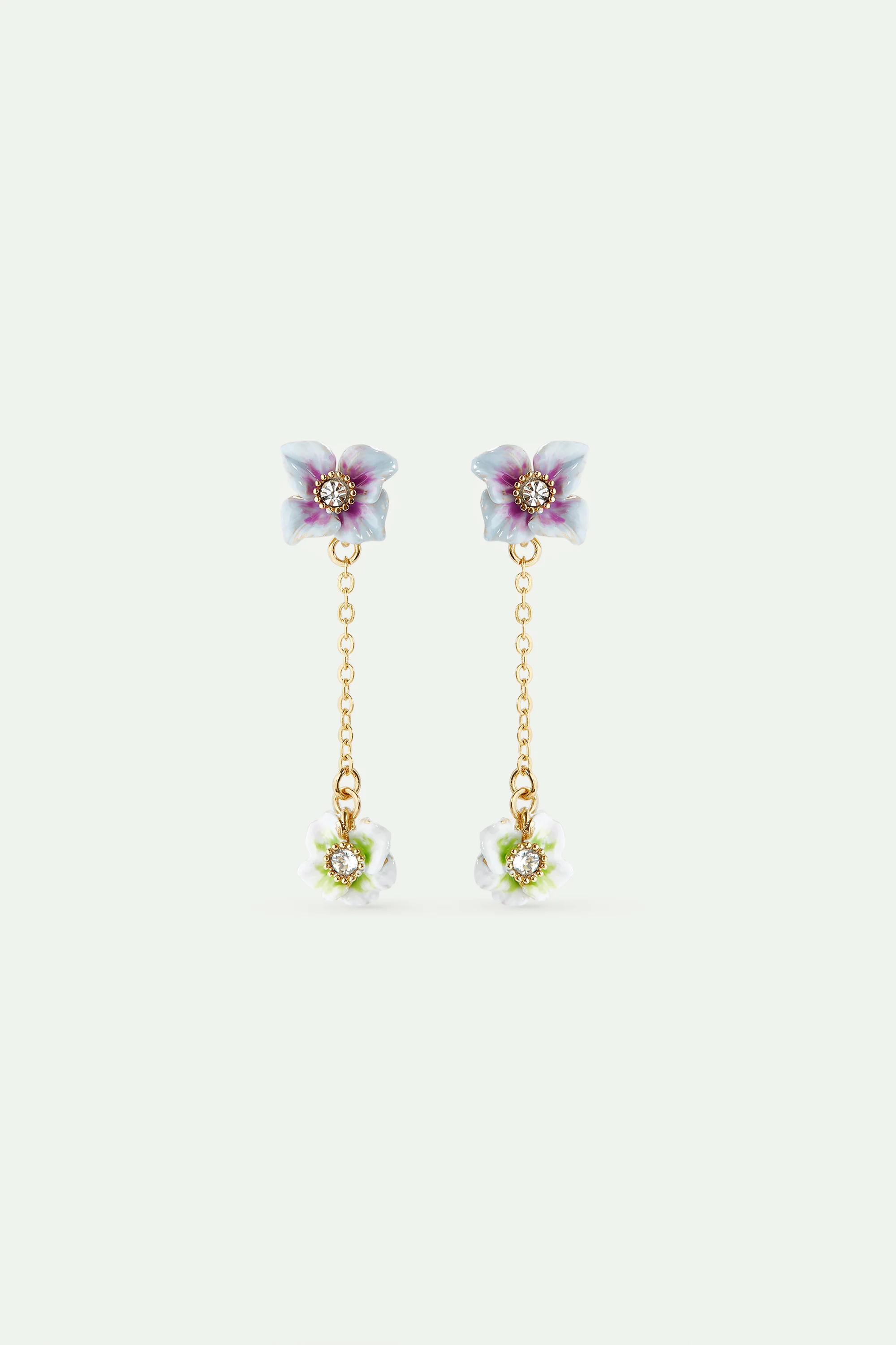 Boucles d'oreilles tiges pendantes dorées fleurs d'hortensia