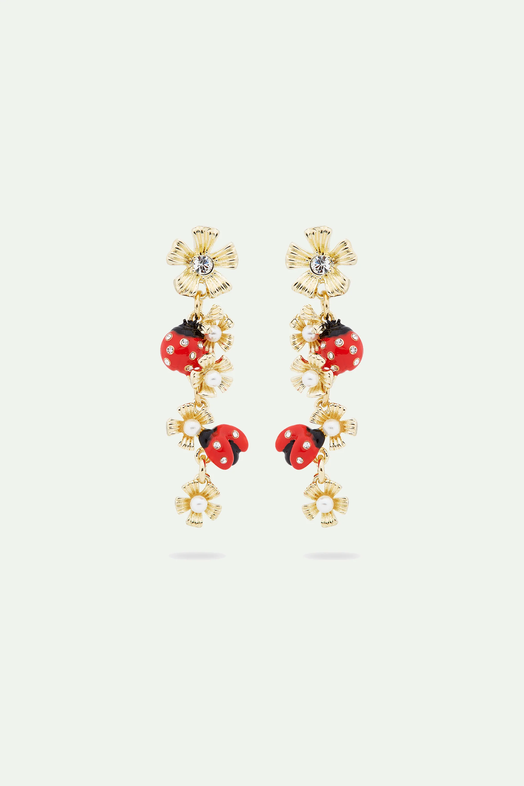 Boucles d'oreilles tiges pendantes duo de coccinelles et anémones des bois