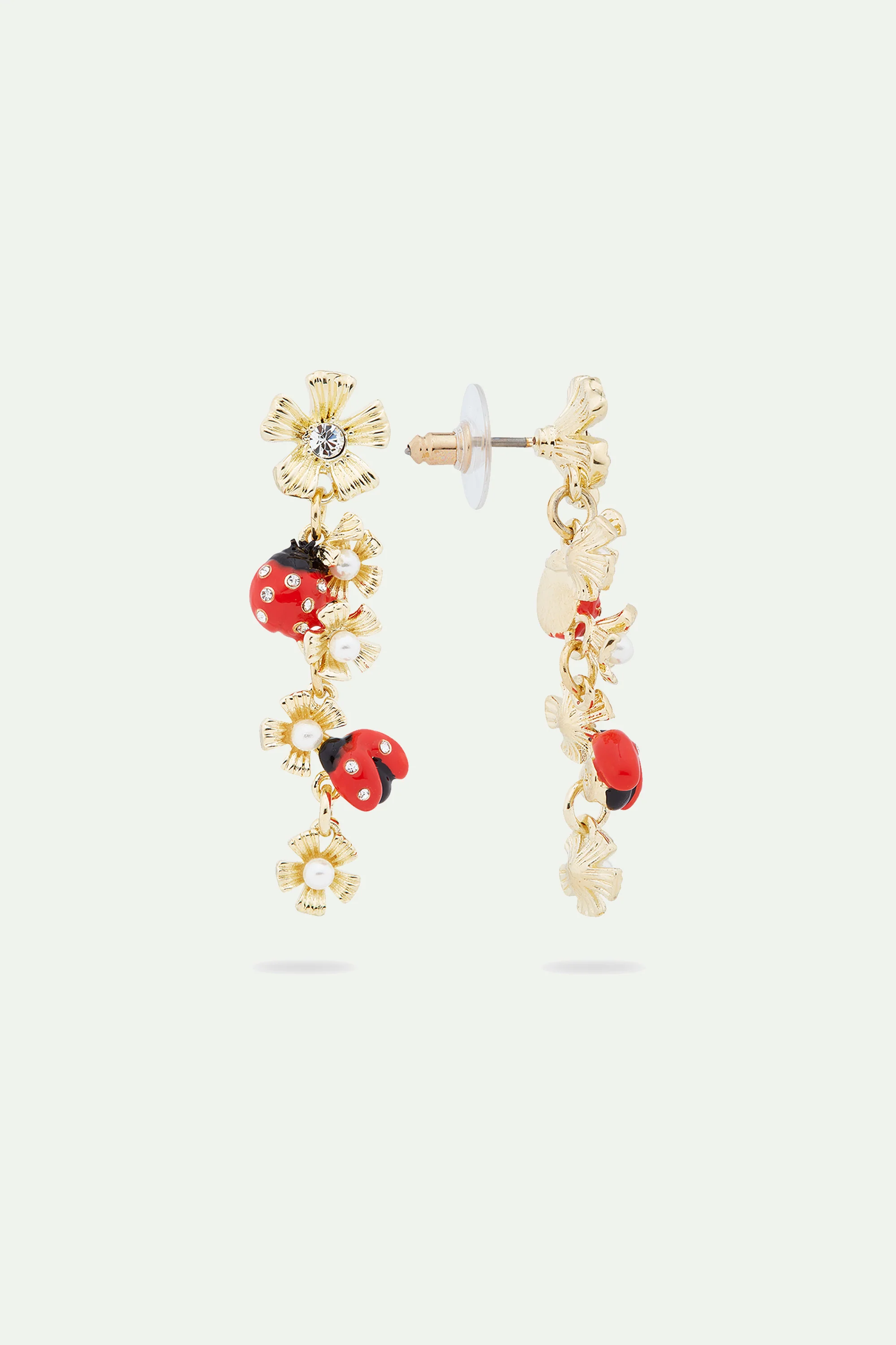 Boucles d'oreilles tiges pendantes duo de coccinelles et anémones des bois - Image 2