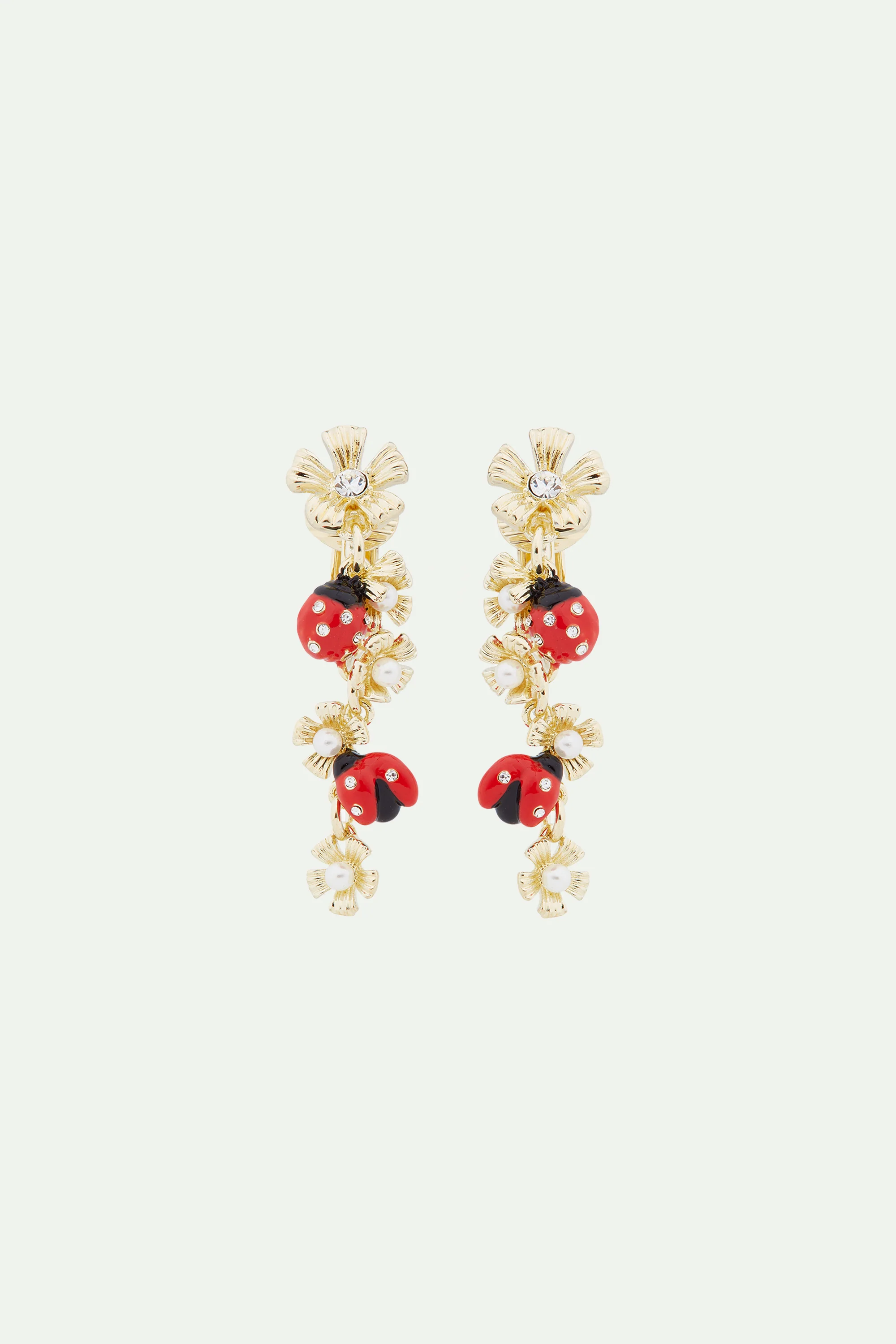 Boucles d'oreilles tiges pendantes duo de coccinelles et anémones des bois - Image 3