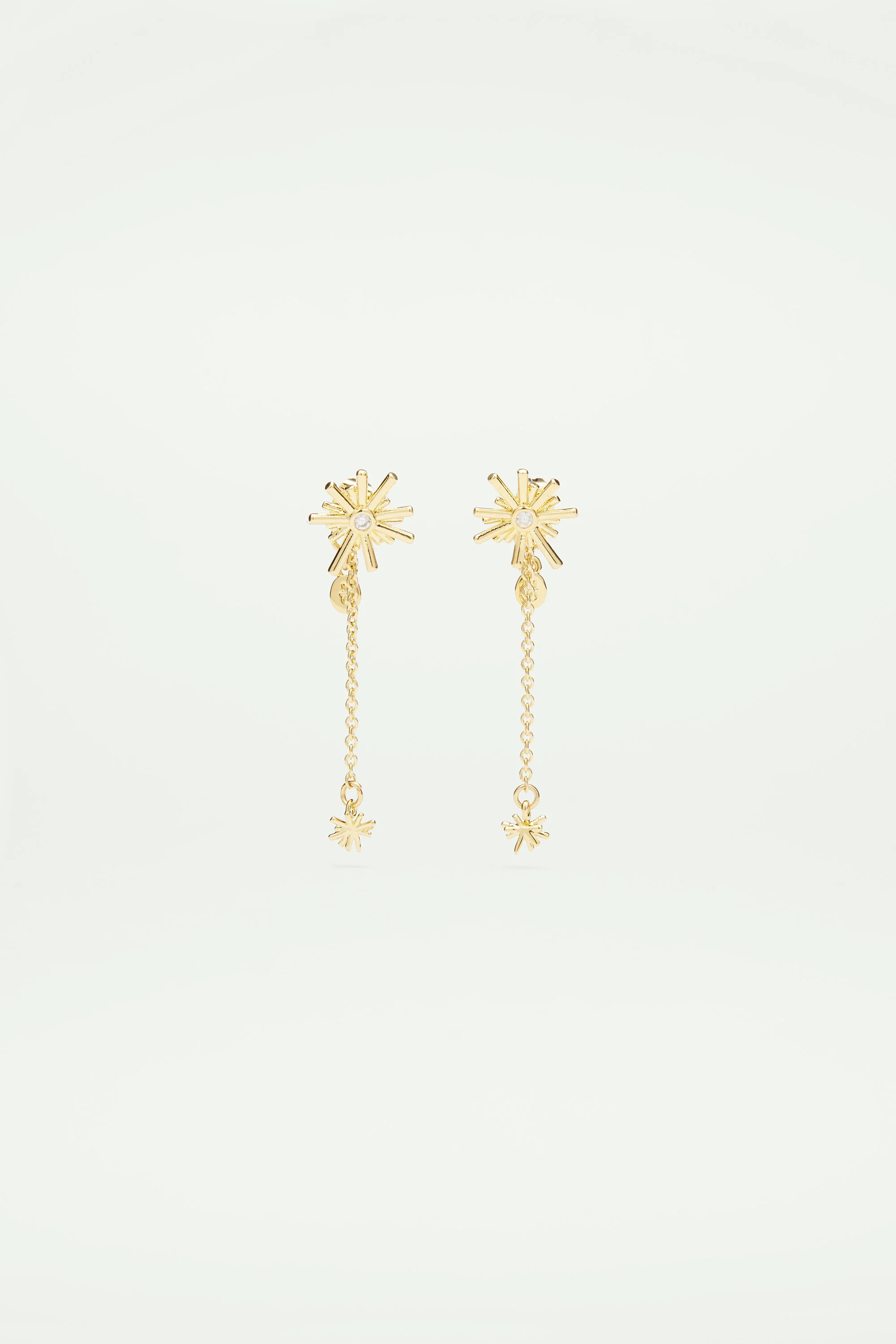 Boucles d'oreilles tiges pendantes étoiles dorées et pierre blanche