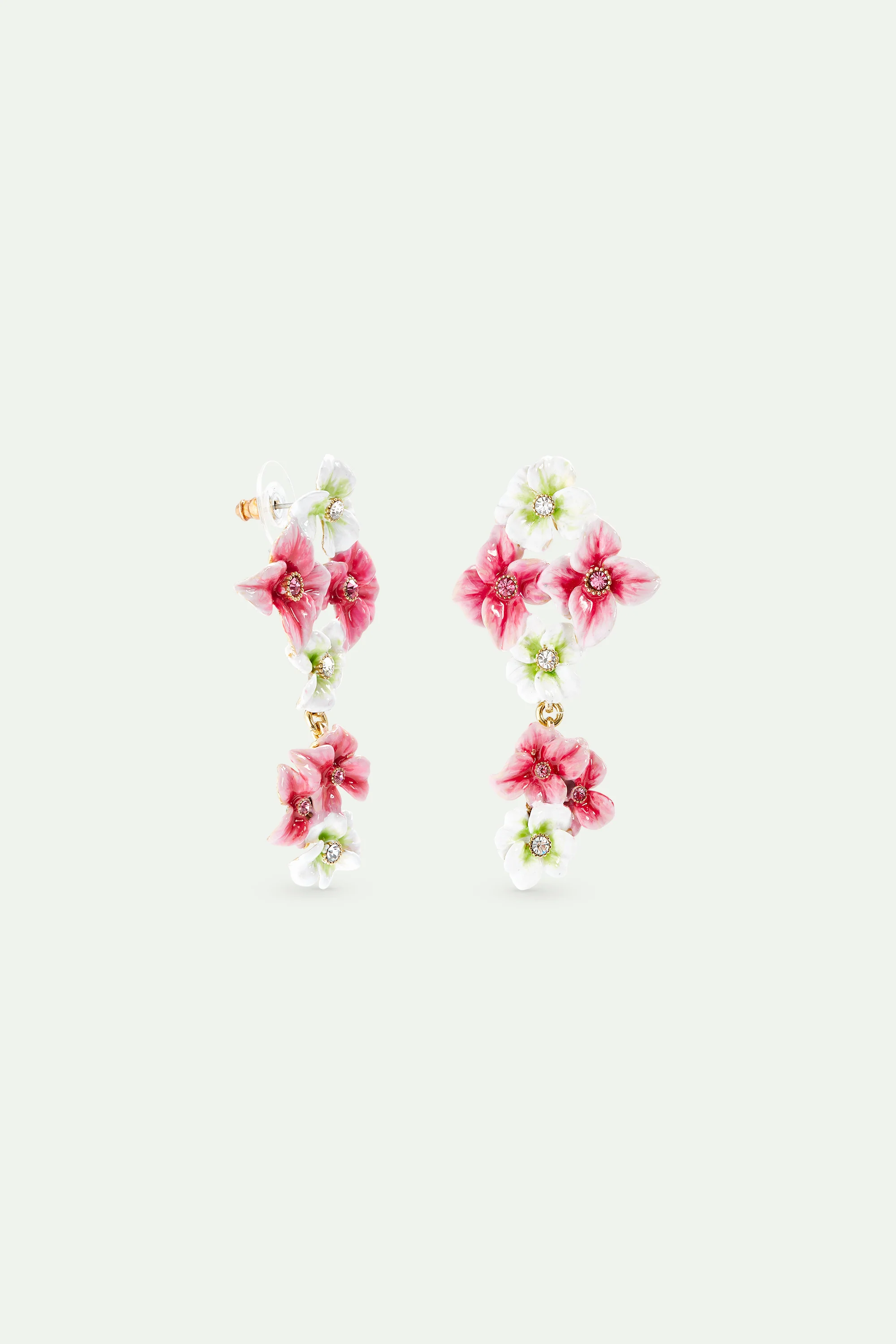 Boucles d'oreilles tiges pendantes fleurs d'hortensia roses et blanches - Image 3