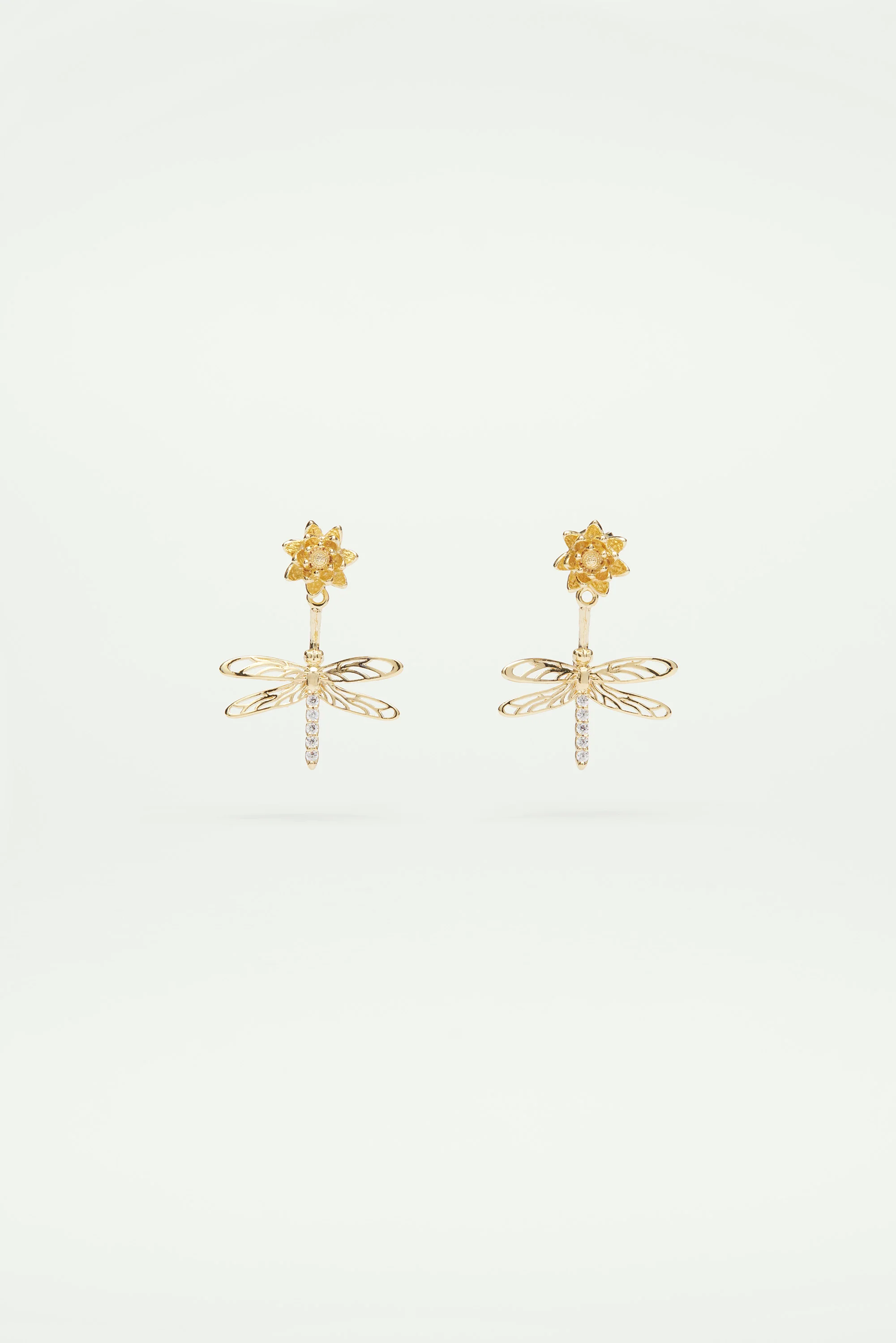 Boucles d'oreilles tiges pendantes libellule, fleur et cristaux