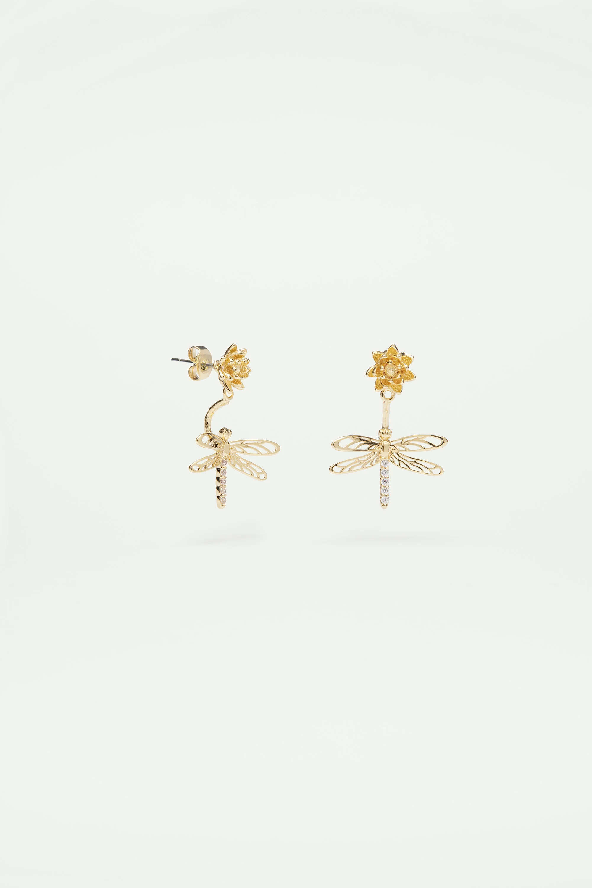 Boucles d'oreilles tiges pendantes libellule, fleur et cristaux - Image 3