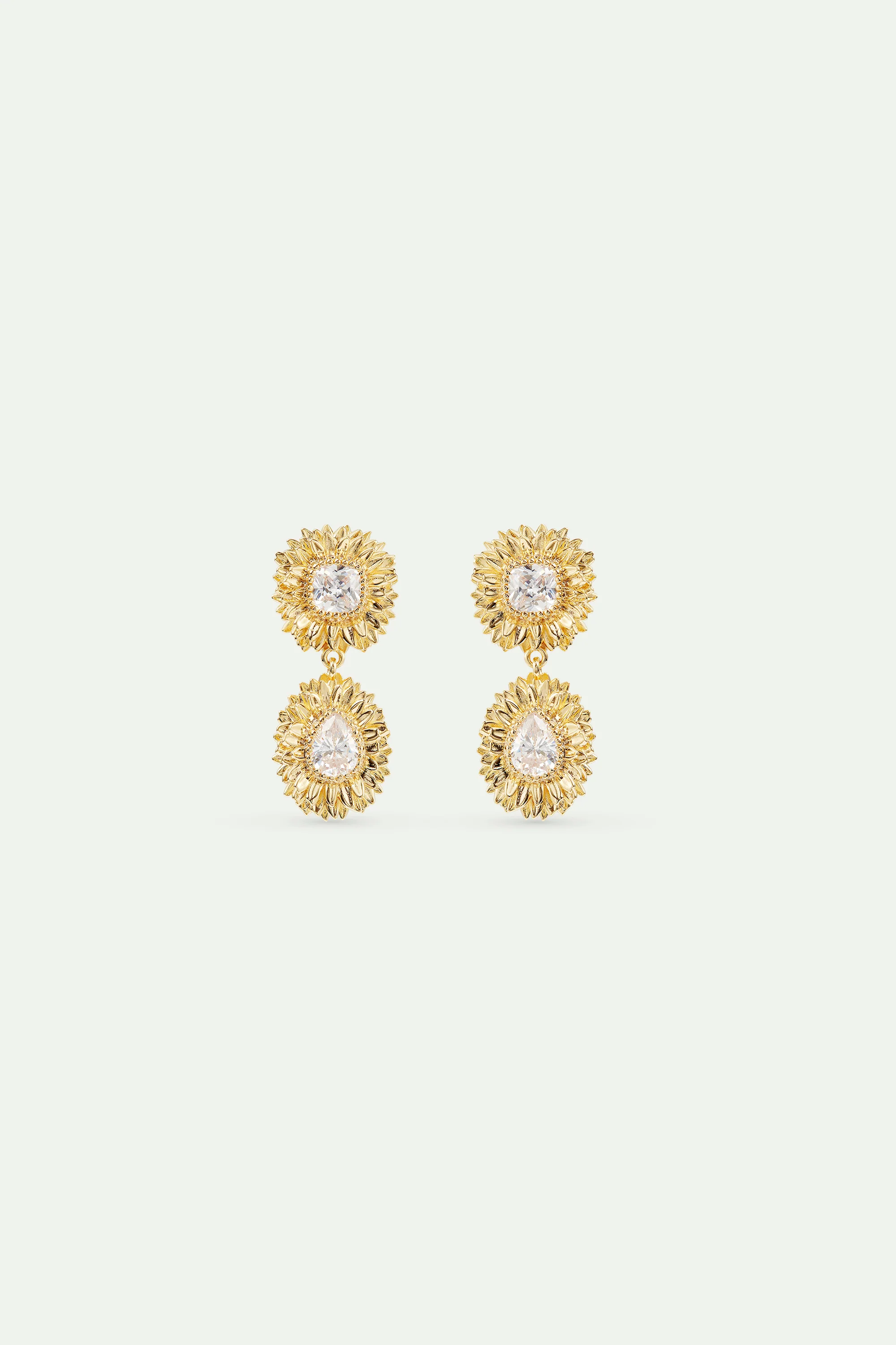 Boucles d'oreilles tiges pendantes pissenlits dorés et pierre taillée