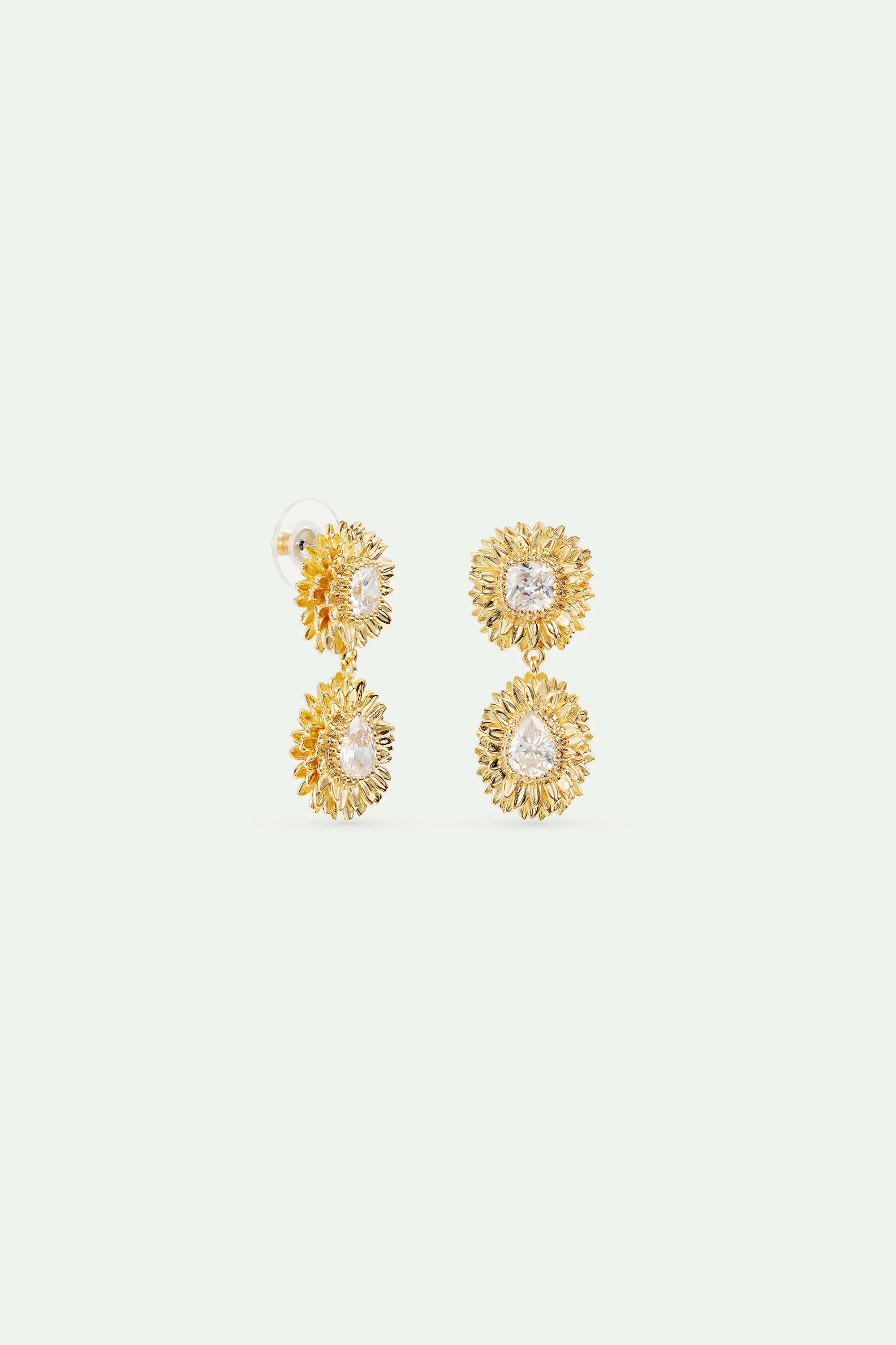 Boucles d'oreilles tiges pendantes pissenlits dorés et pierre taillée - Image 3