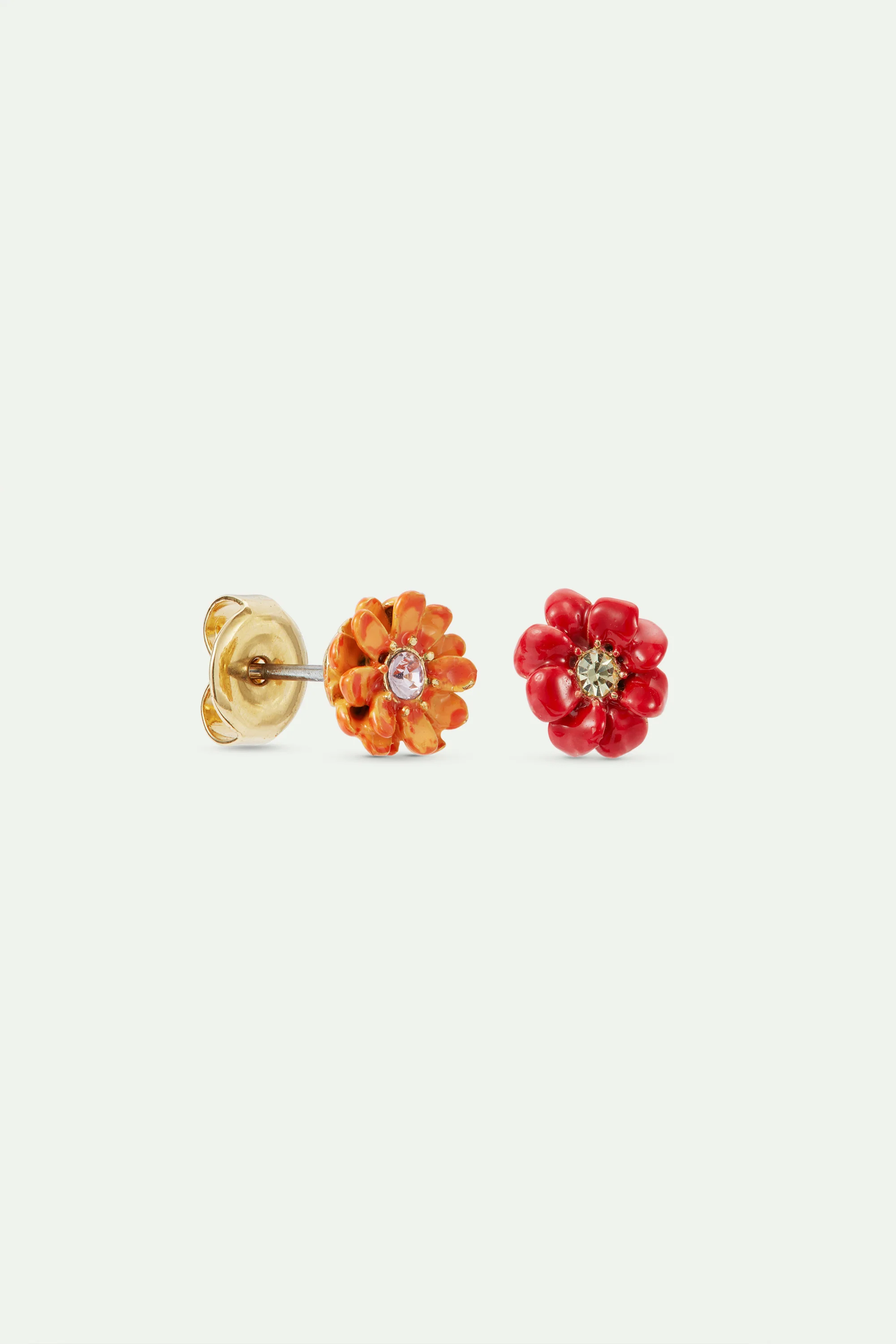 Boucles d'oreilles tiges petites fleurs zinnias rouge et orange - Image 3