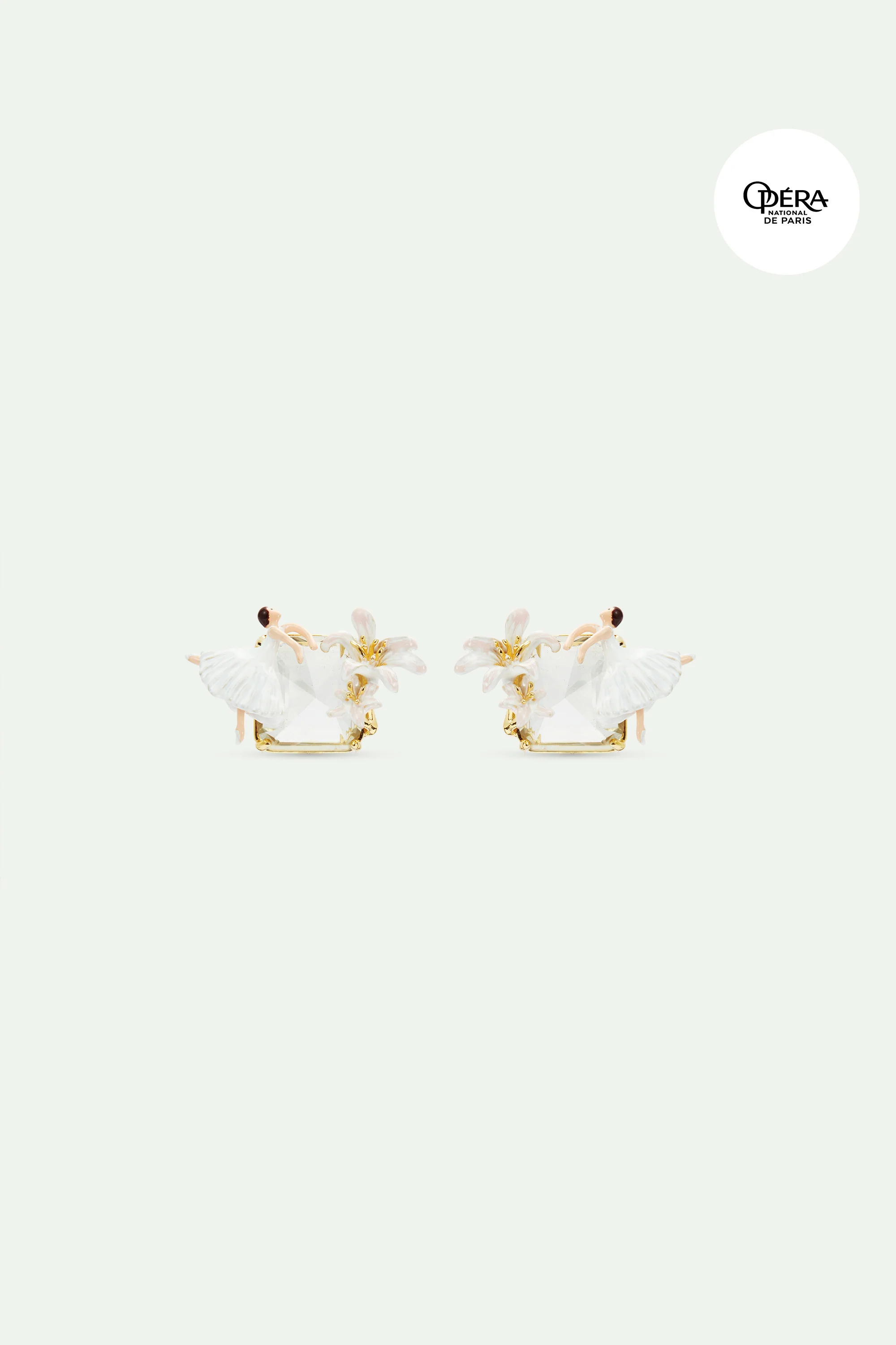 Boucles d'oreilles tiges pierre facettée, Ballerine et Fleur de Lys blanche