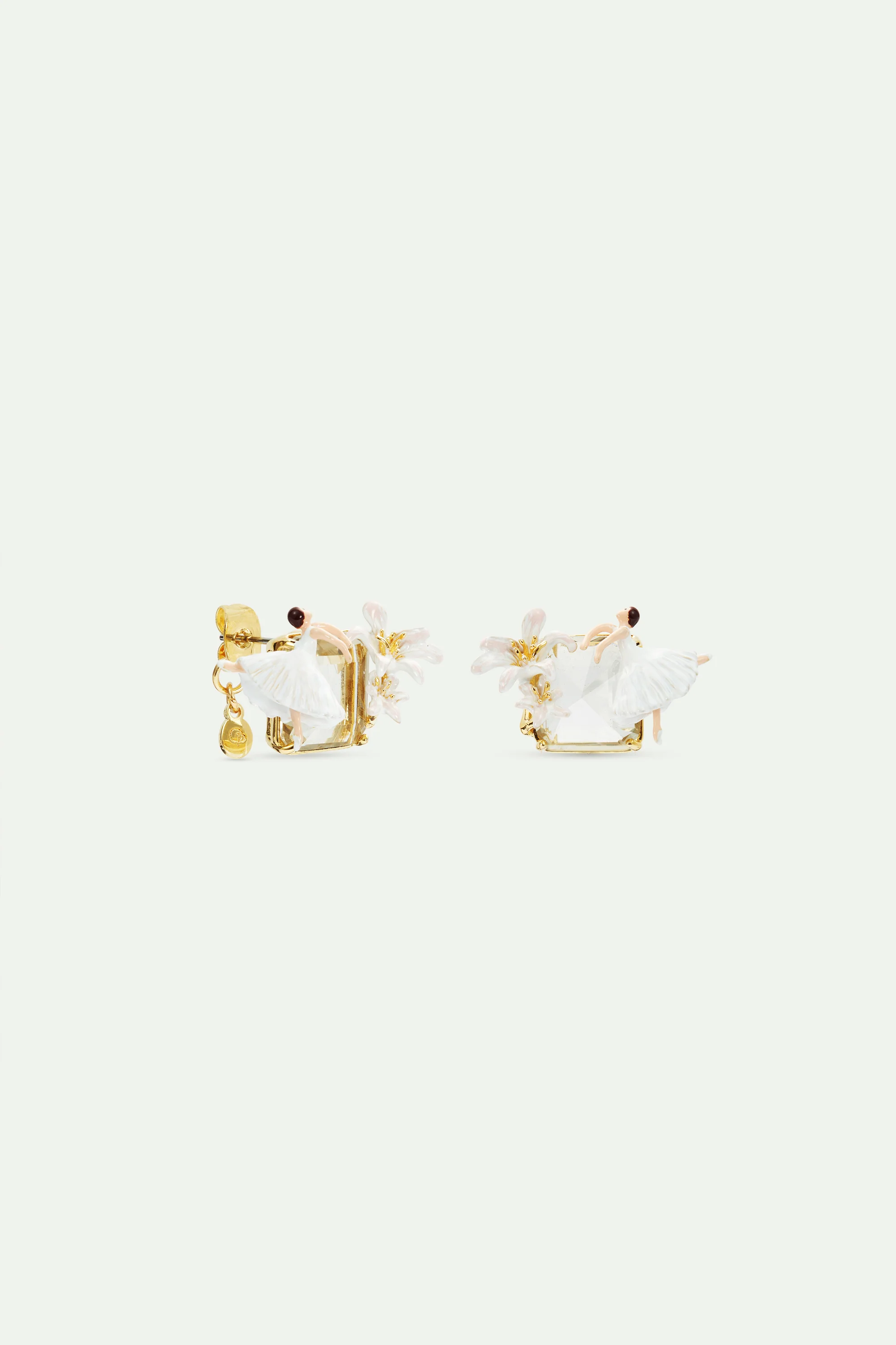 Boucles d'oreilles tiges pierre facettée, Ballerine et Fleur de Lys blanche - Image 3