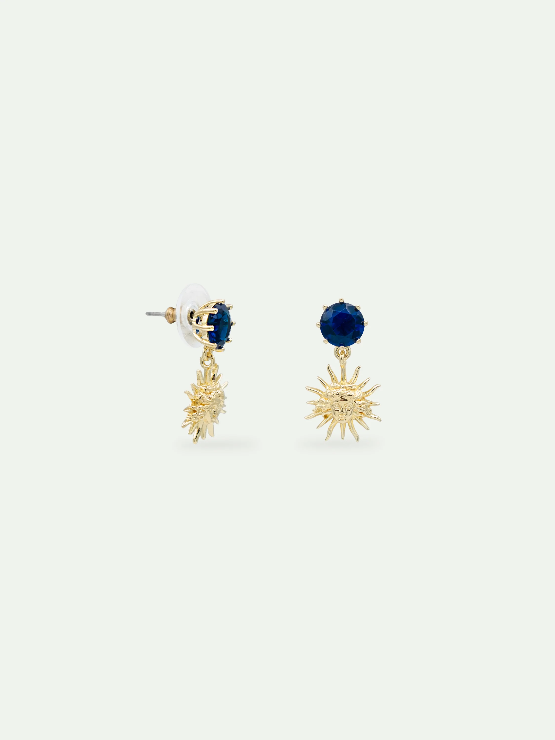 Boucles d'oreilles tiges roi soleil doré et pierre ronde bleue - Image 3