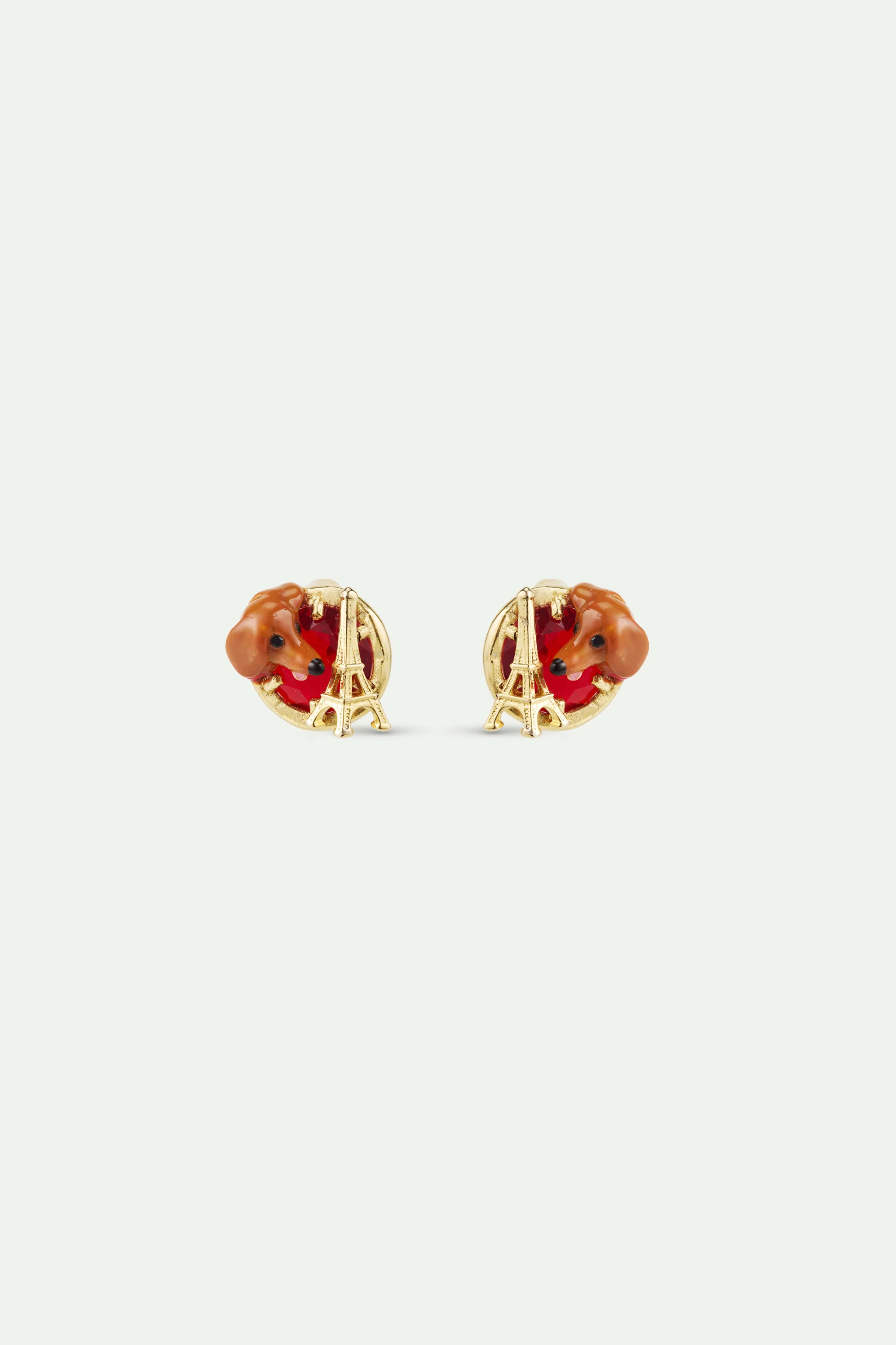 Boucles d'oreilles tiges teckel, tour Eiffel, pierre ronde rouge