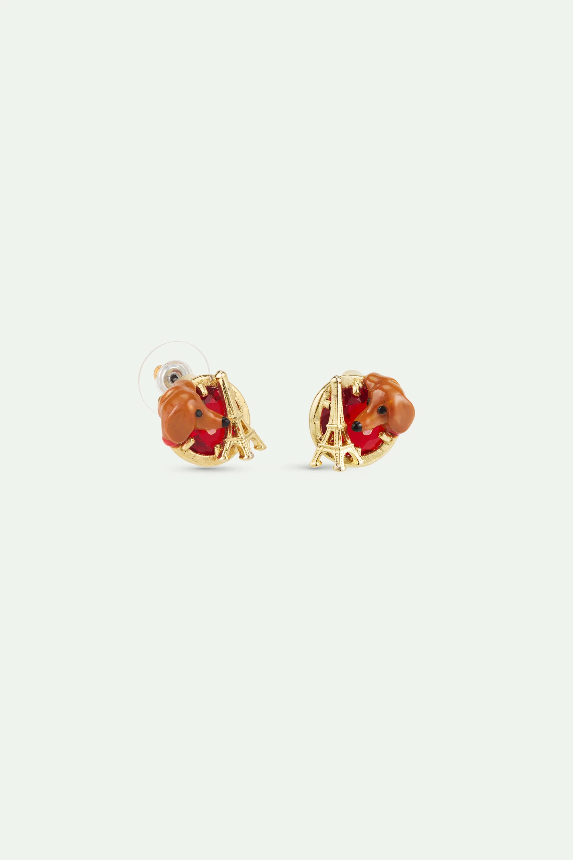 Boucles d'oreilles tiges teckel, tour Eiffel, pierre ronde rouge - Image 3