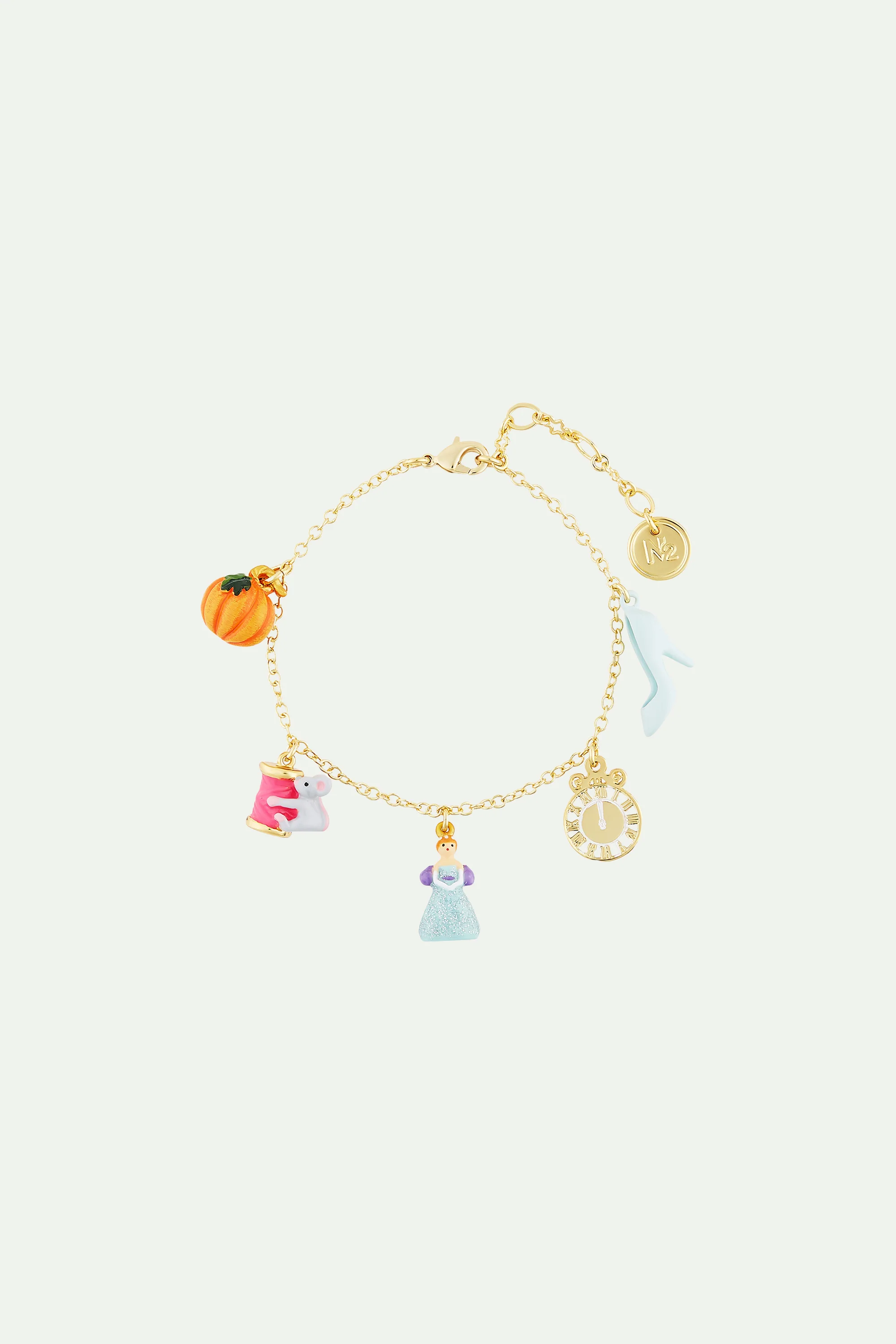 Bracelet charm's citrouille, bobine de fil et souris, cendrillon, horloge et soulier