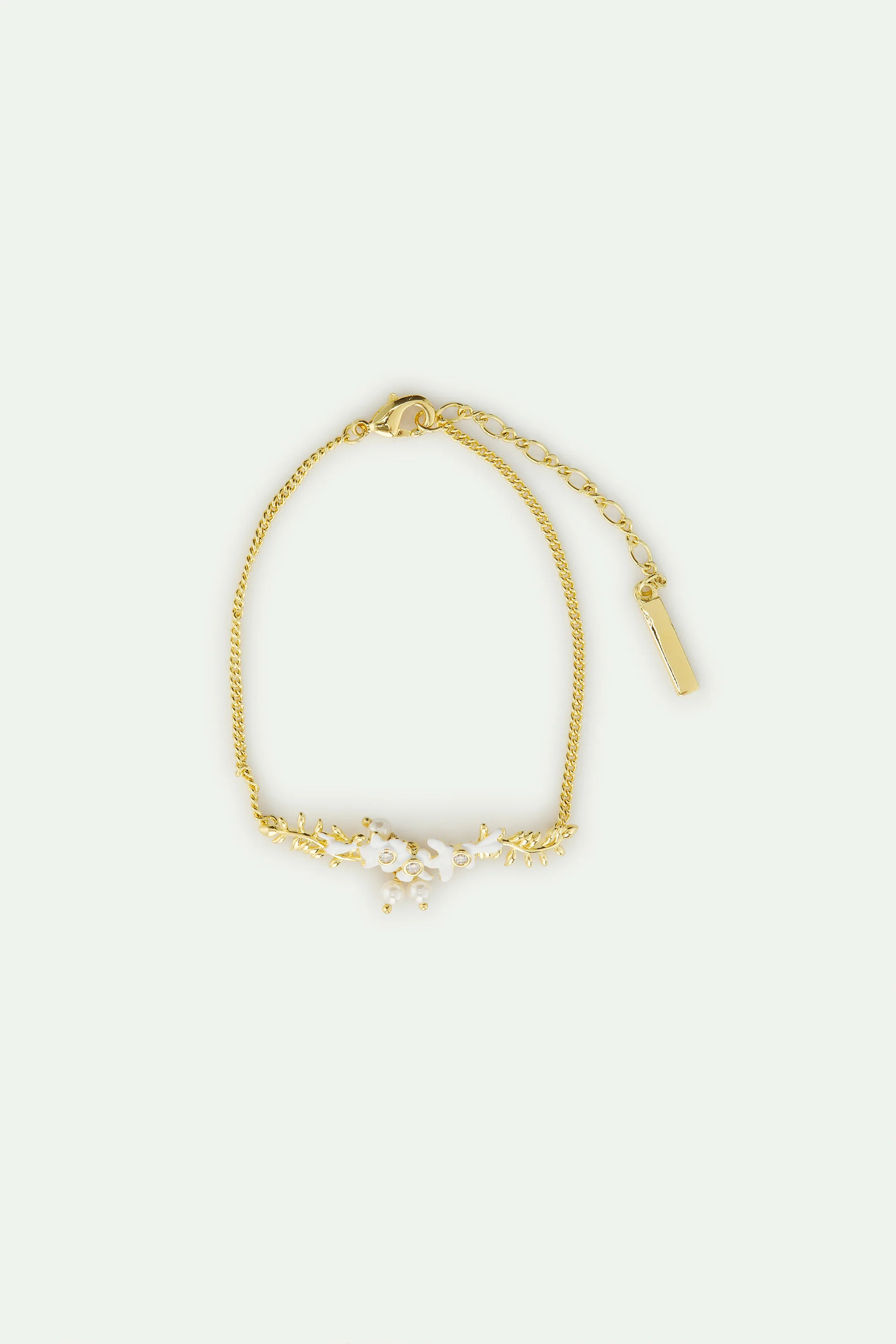 Bracelet feuille de laurier doré, glycine blanche et perle de culture