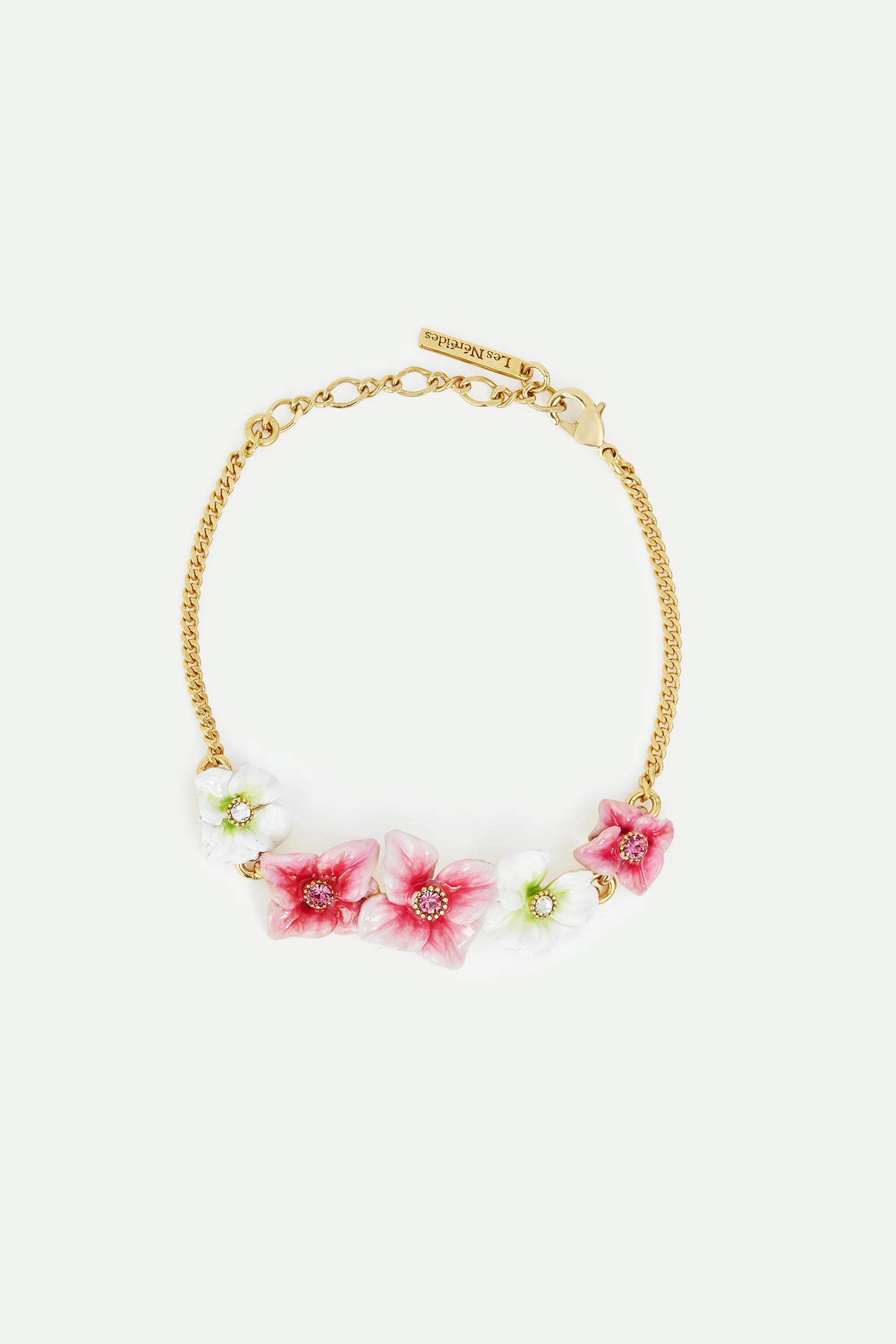 Bracelet fin fleurs d'hortensia roses et blanches