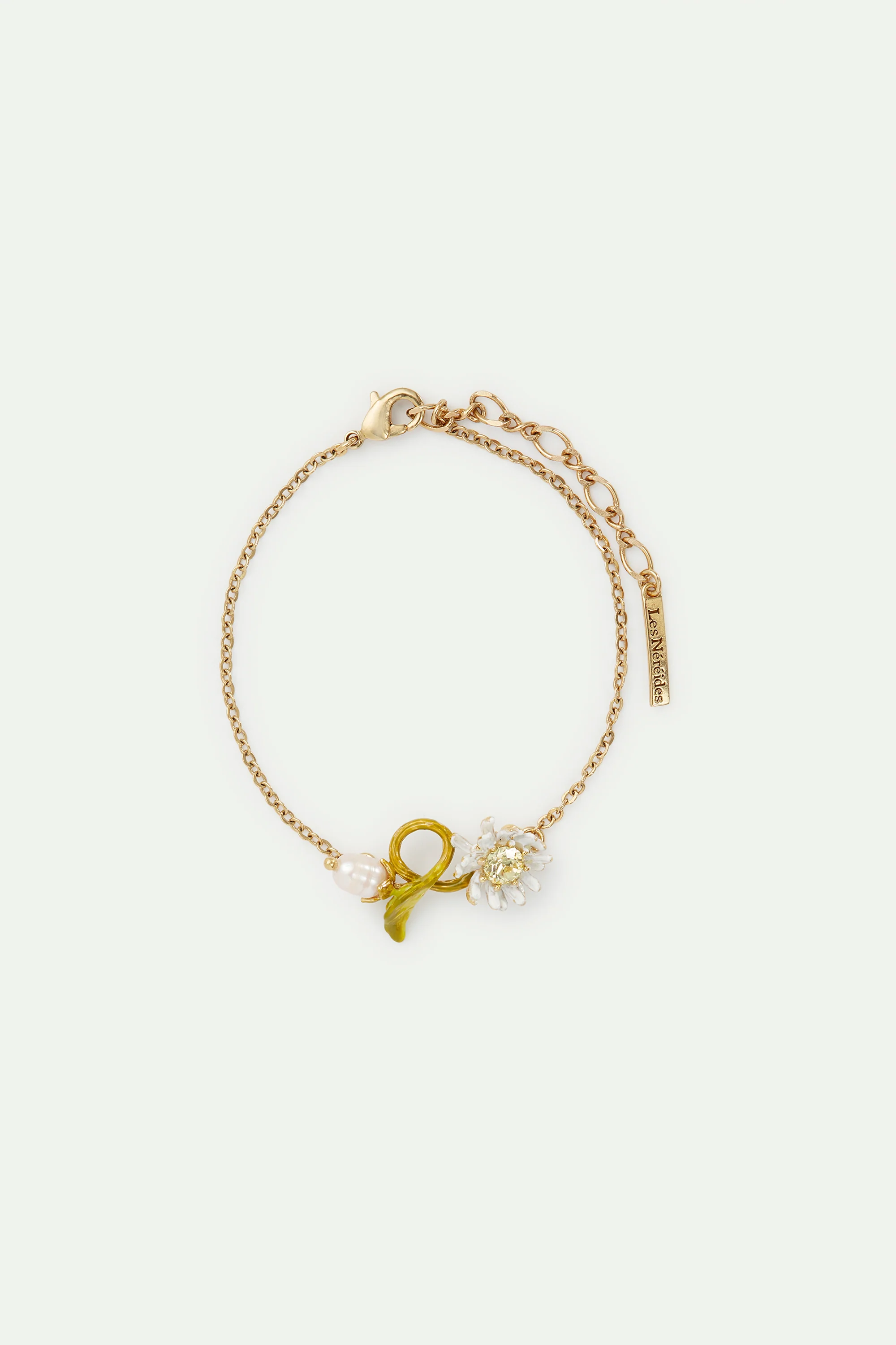 Bracelet fin pâquerette blanche et verte, perle de culture