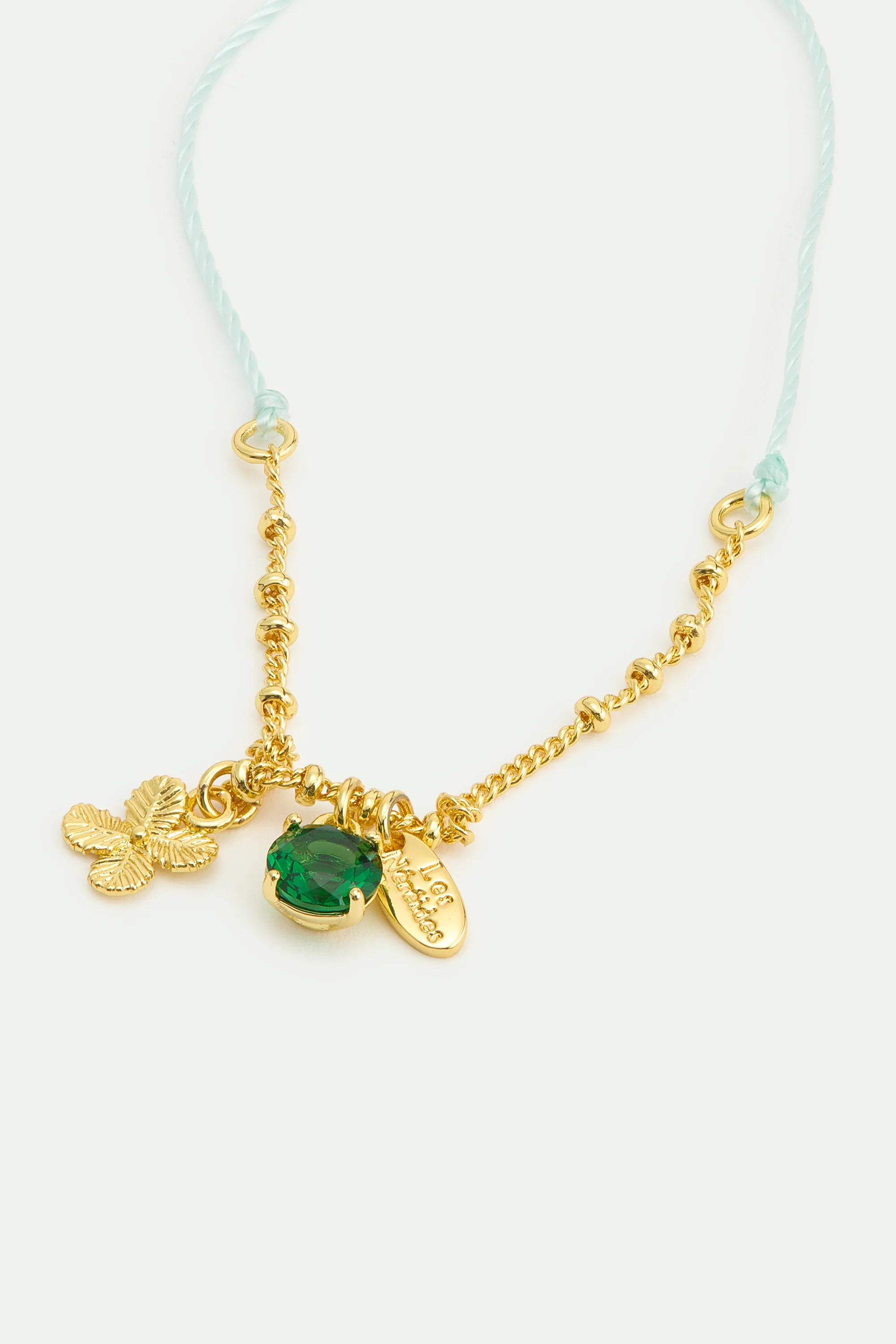 Bracelet fin pendentif trèfle doré et cristal facetté vert - Image 2