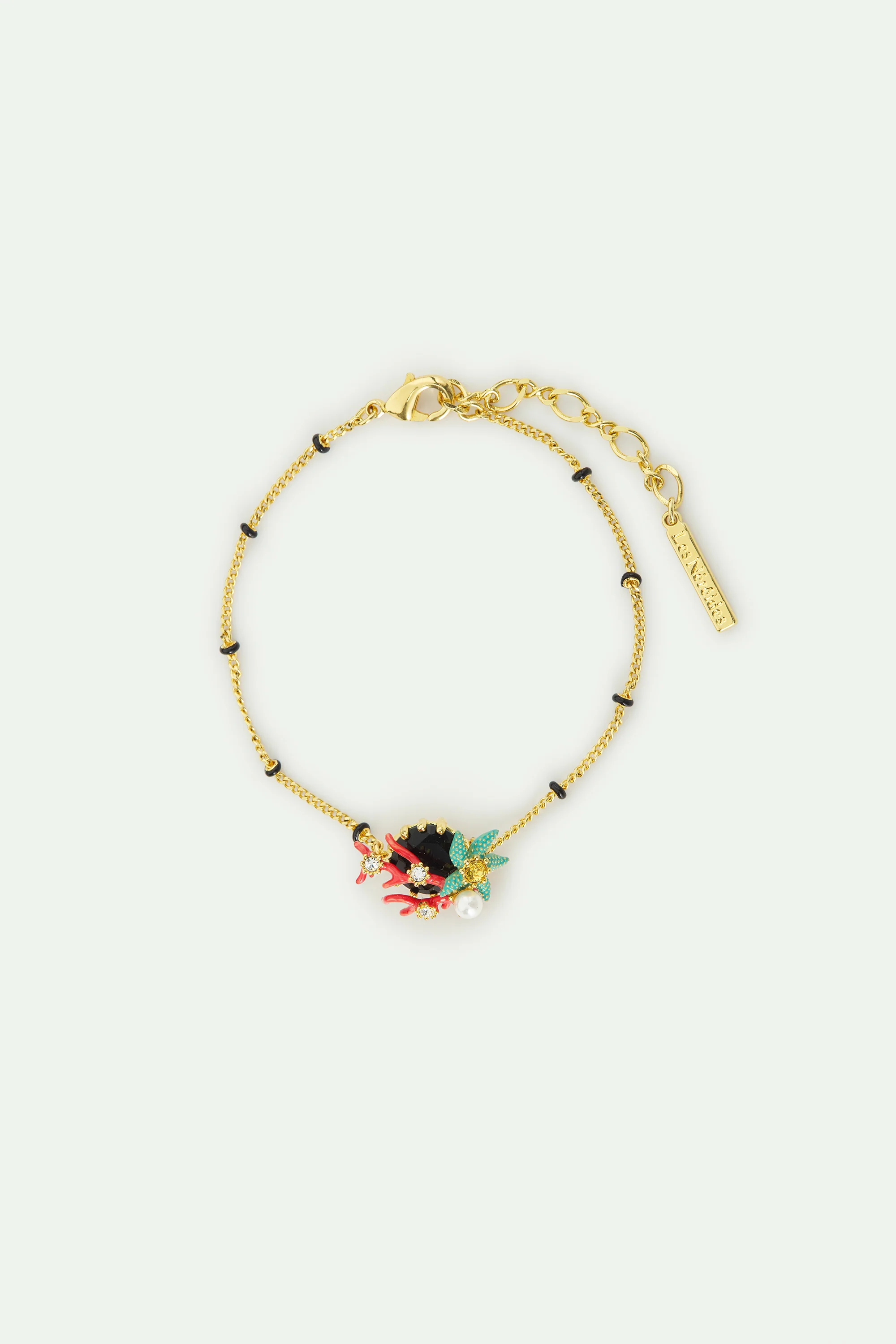 Bracelet fin pierre ronde facettée noire, corail rouge, étoile de mer bleue et perle de culture