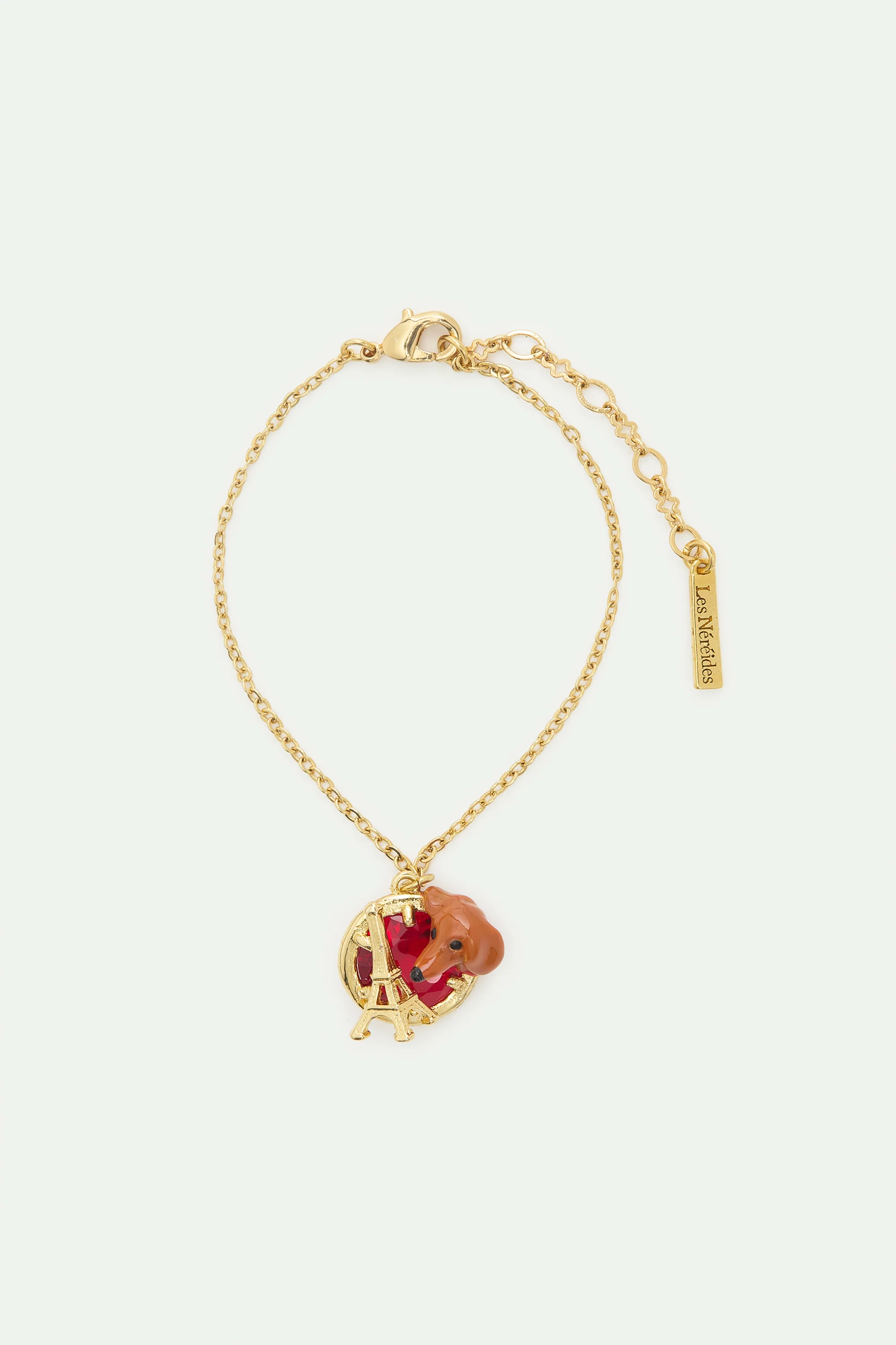 Bracelet fin teckel, tour Eiffel, pierre ronde rouge