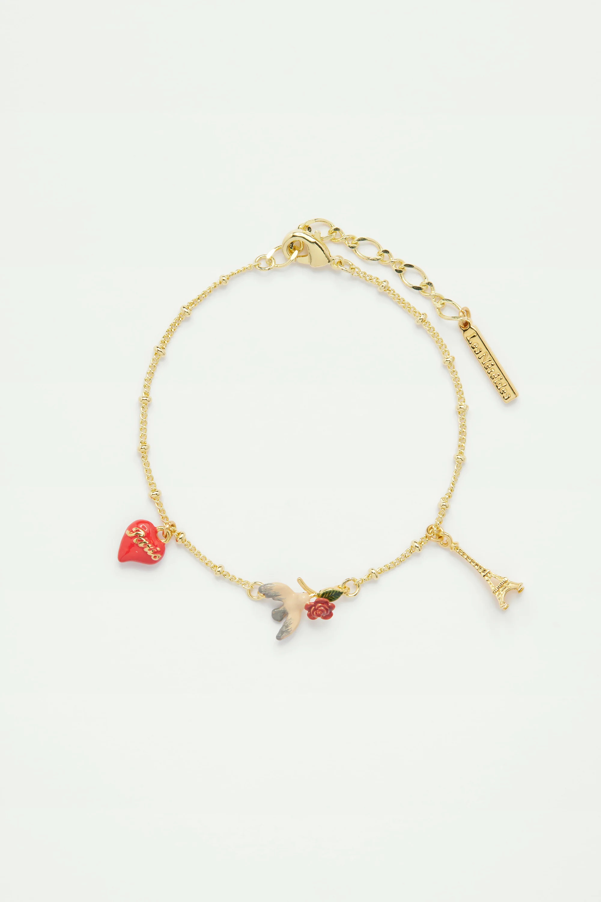 Bracelet fin Tour Eiffel, coeur, moineau et rose