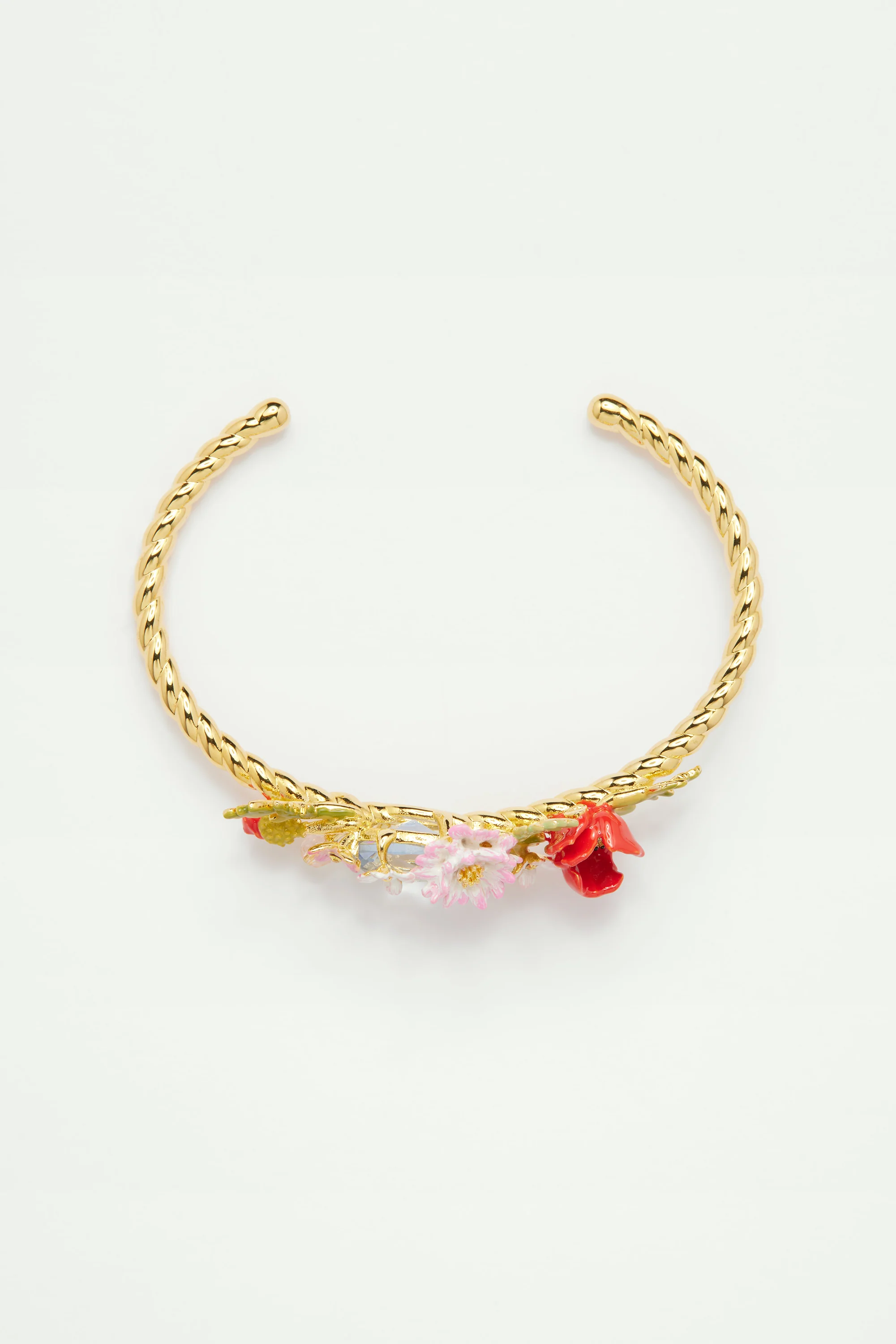 Bracelet jonc coquelicots, marguerite et pierre en verre taillé bleu