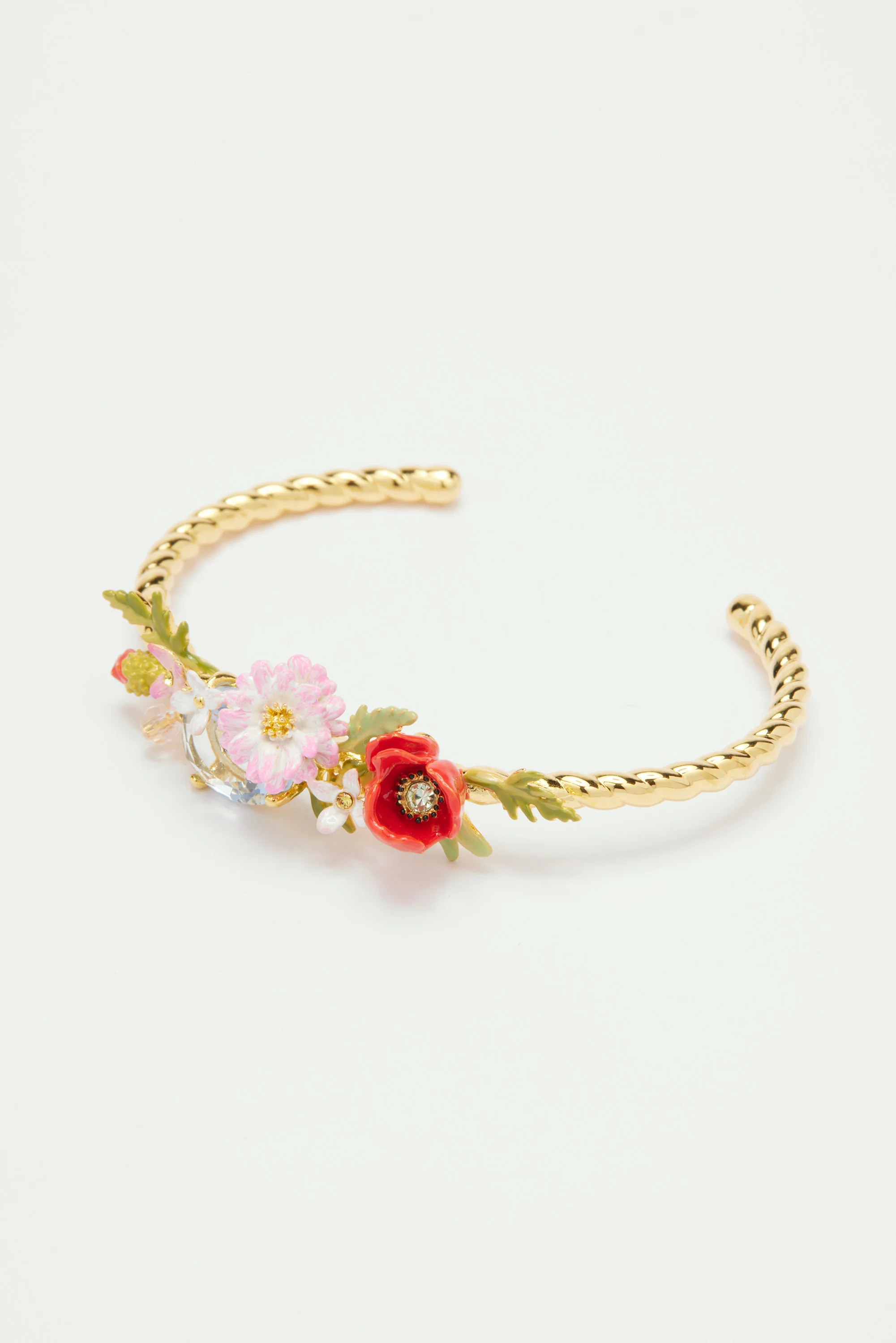Bracelet jonc coquelicots, marguerite et pierre en verre taillé bleu - Image 2