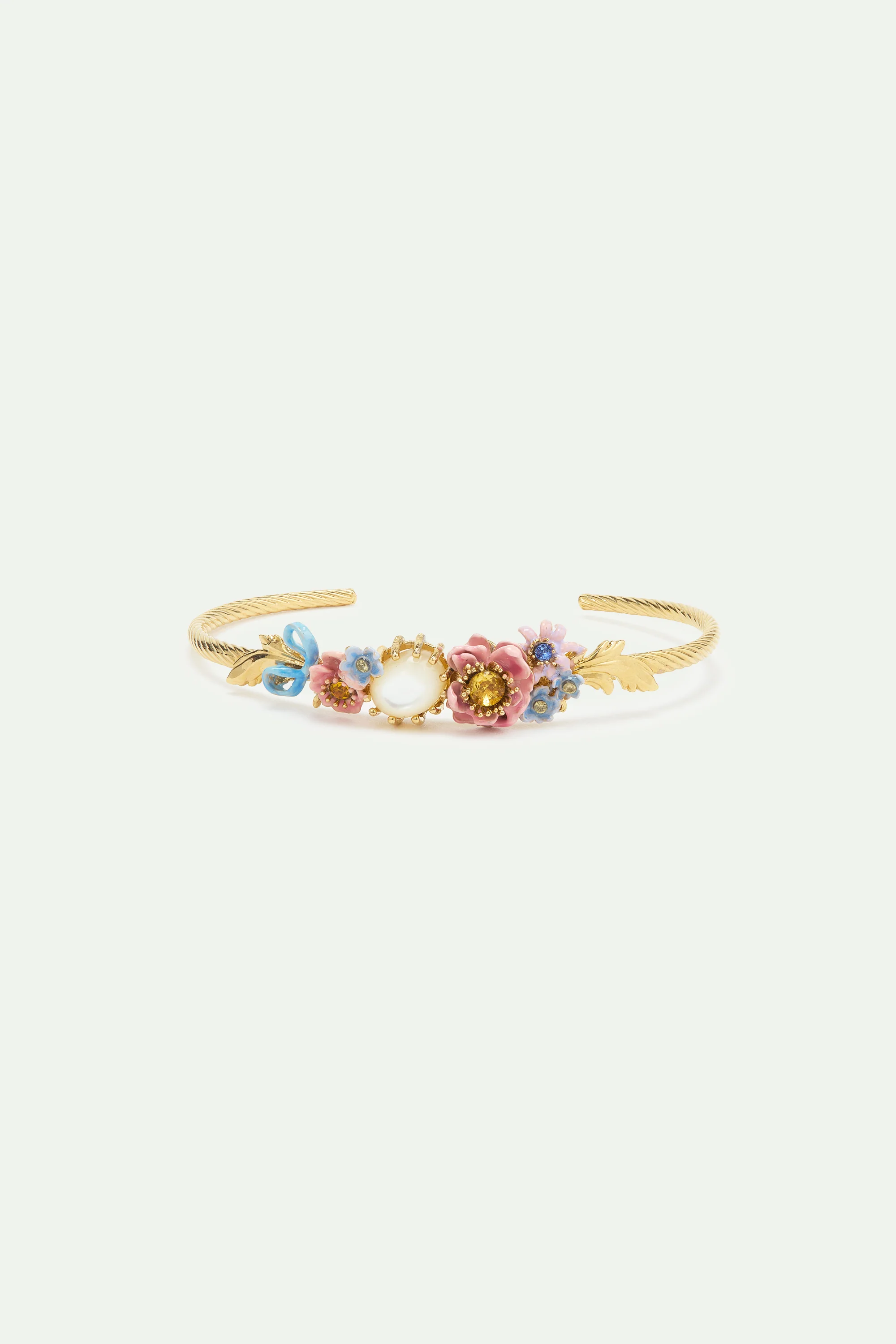 Bracelet jonc fleurs roses et bleues et pierre ronde nacrée - Image 2