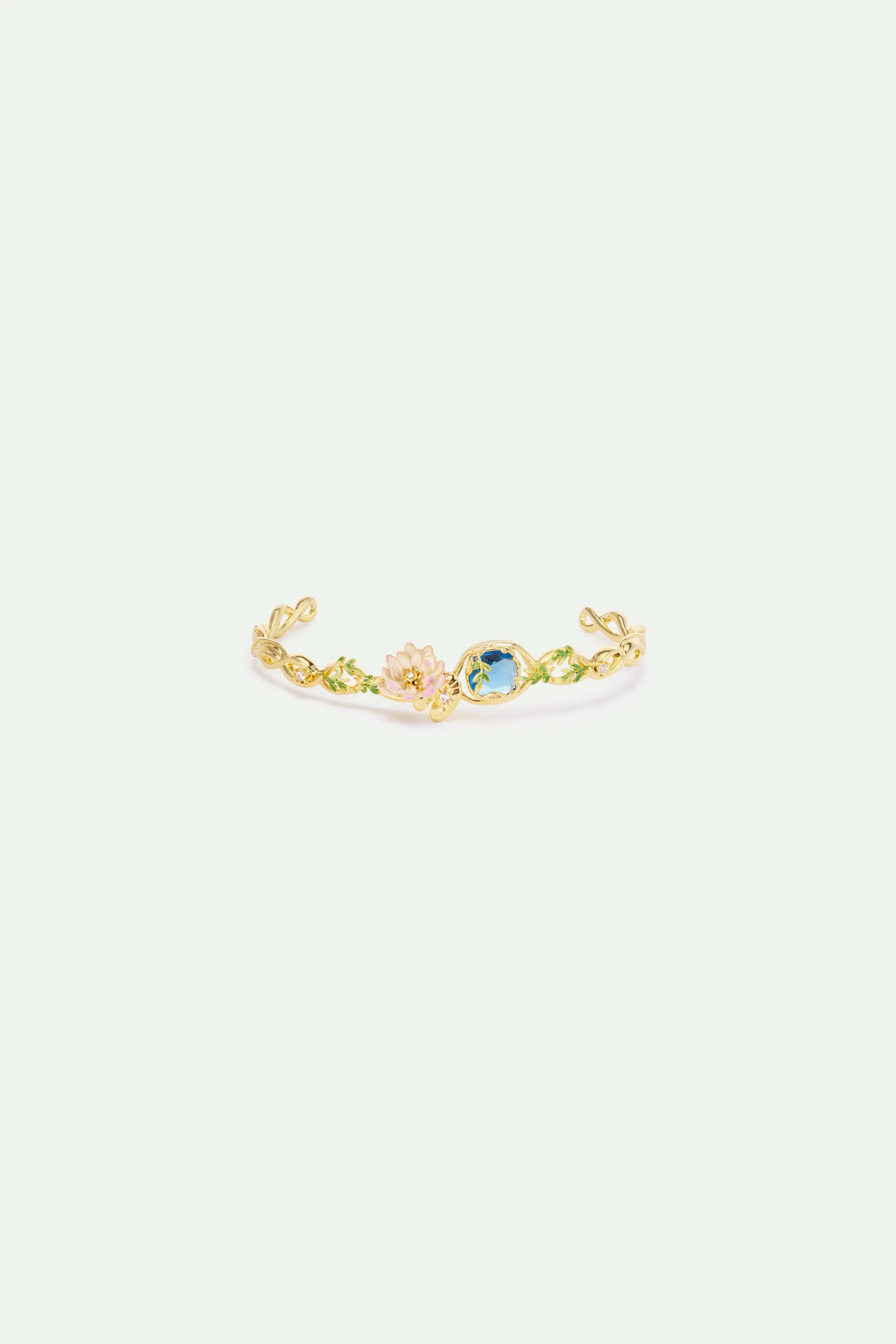 Bracelet jonc nymphéa rose et pierre ronde bleue - Image 3