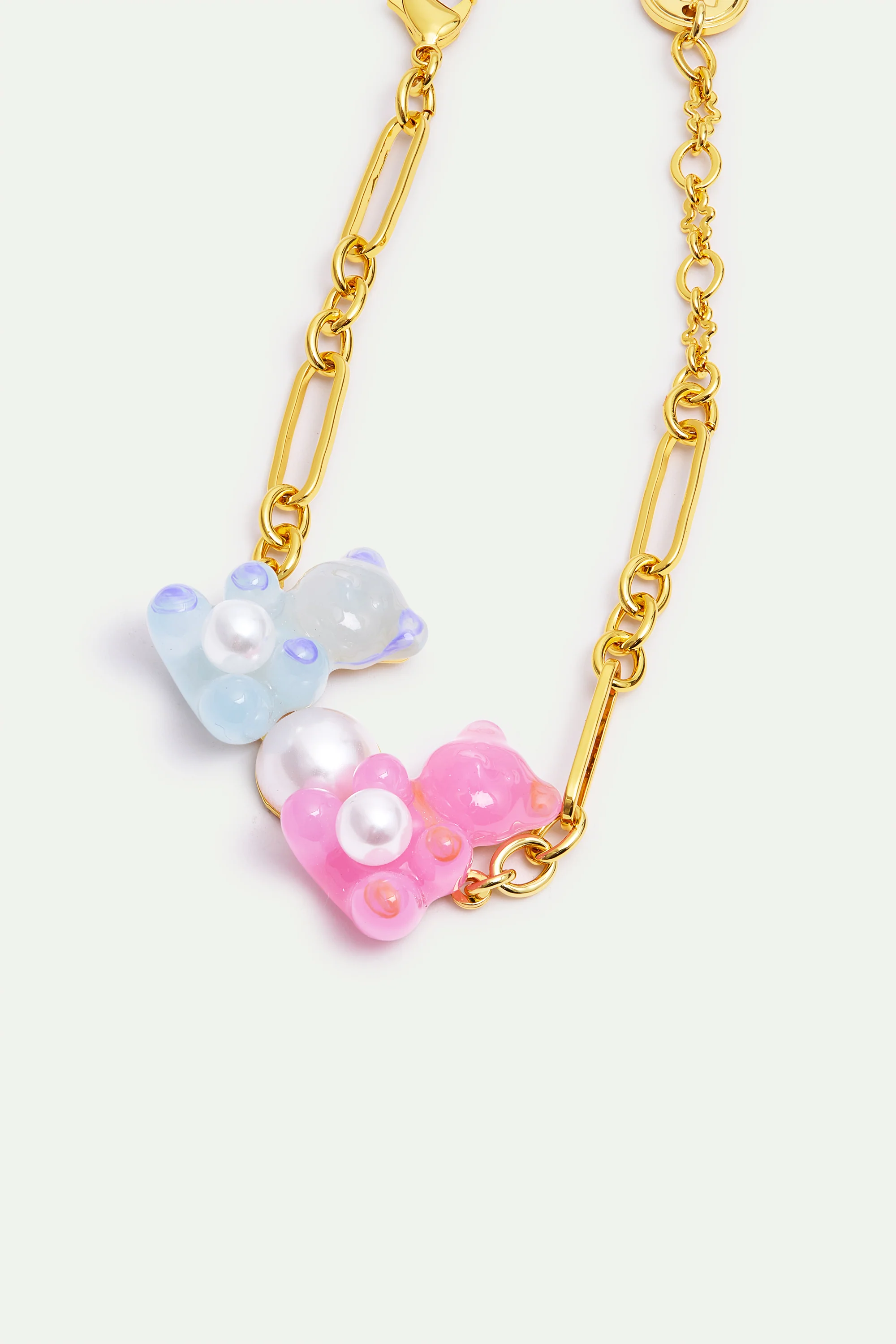 Bracelet nounours candy bleu et rose et perle fantaisie blanche - Image 2