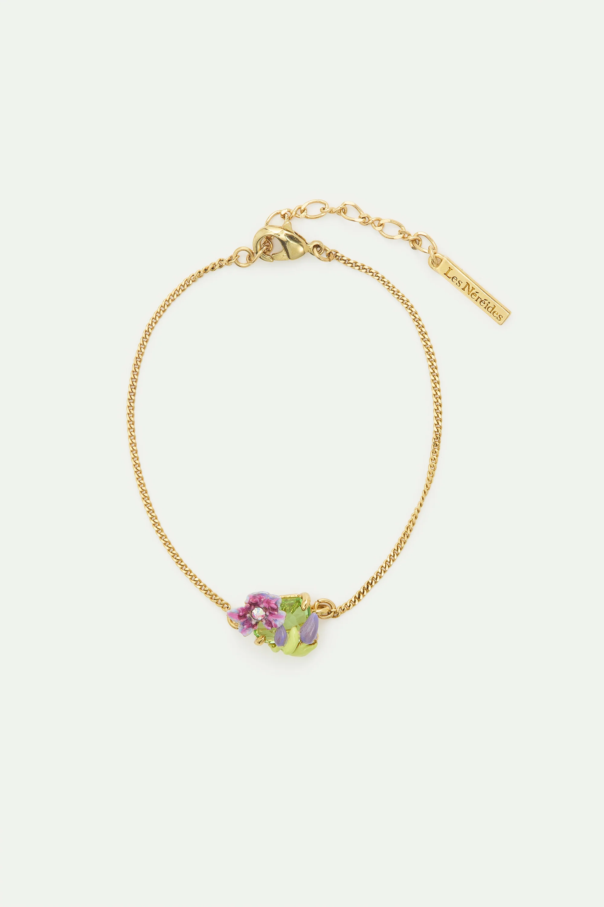 Bracelet pendentif clématite violette, cristal taille émeraude vert et glycine violette