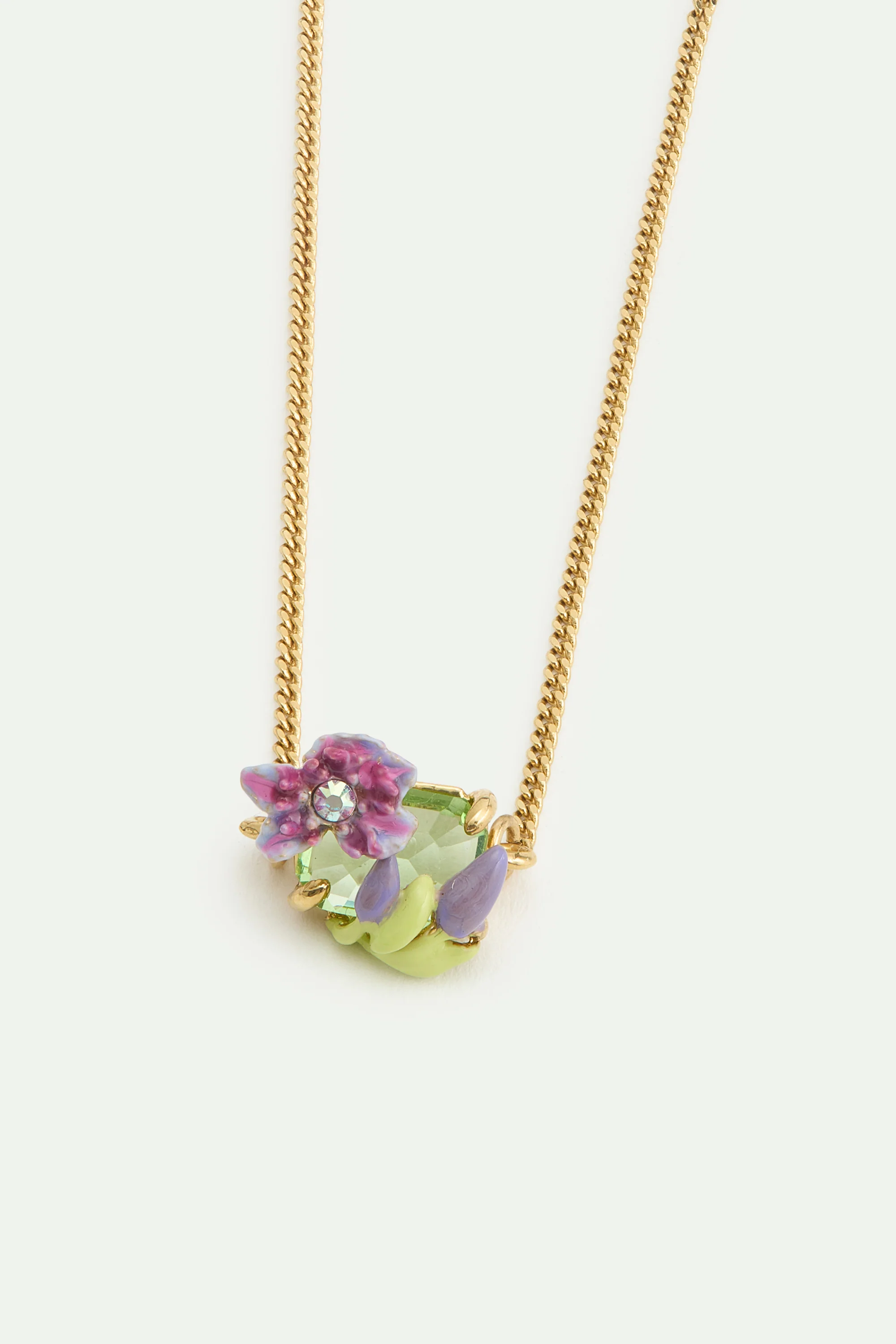 Bracelet pendentif clématite violette, cristal taille émeraude vert et glycine violette - Image 2