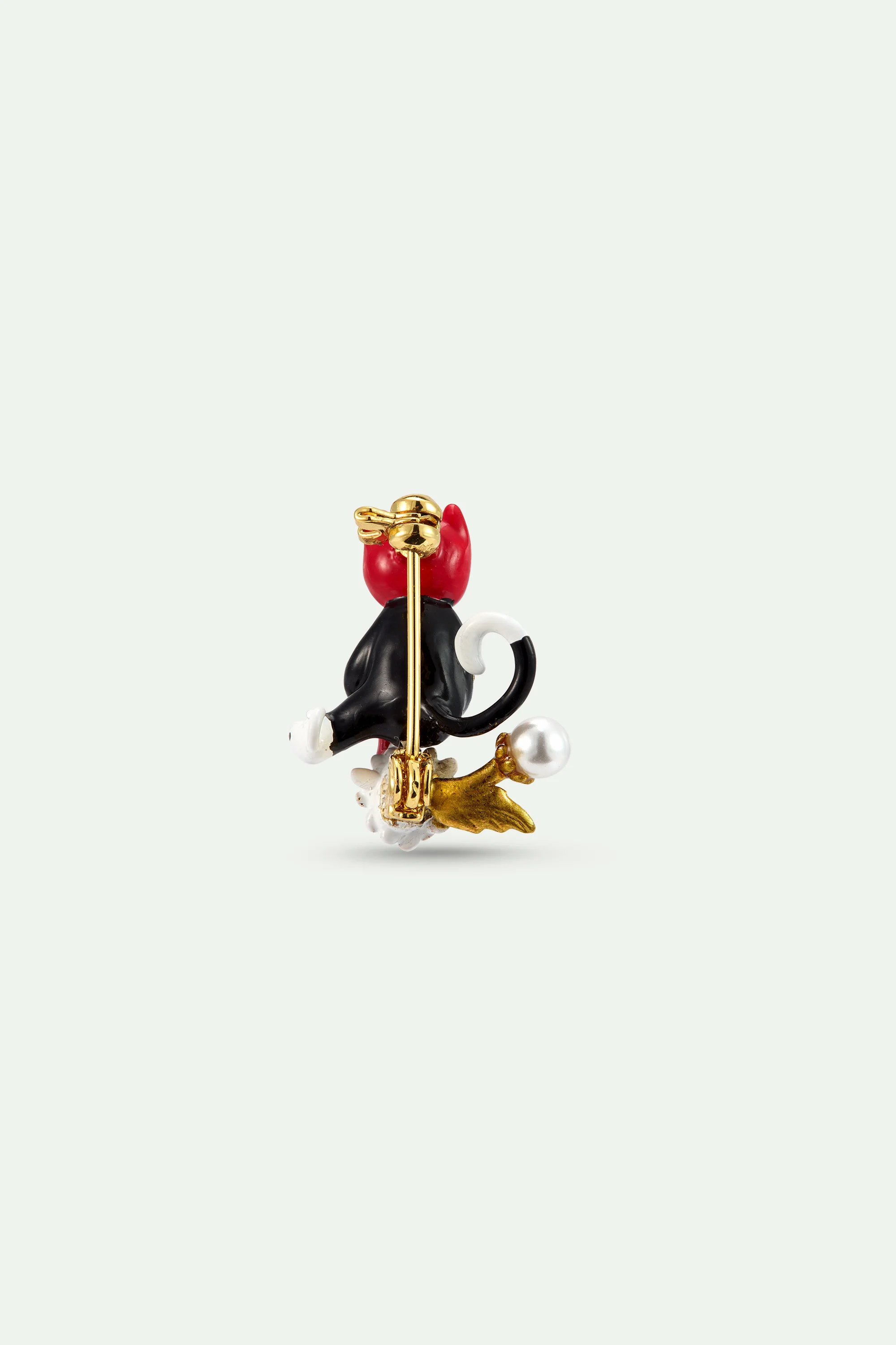 Broche Chat Botté noir et blanc, fleur et perle - Image 2