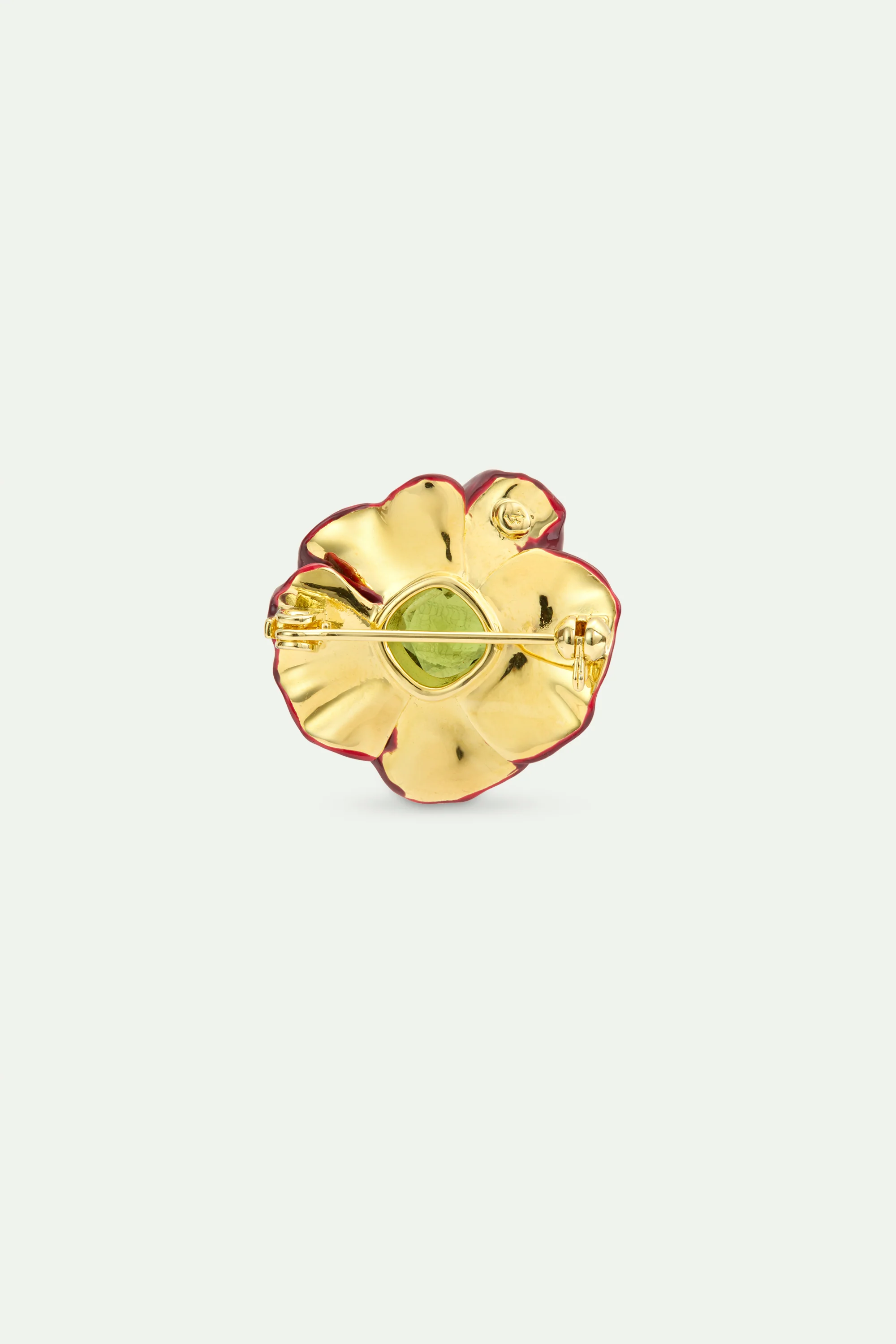 Broche fleur d'anémone bordeaux et pierre facettée verte - Image 3