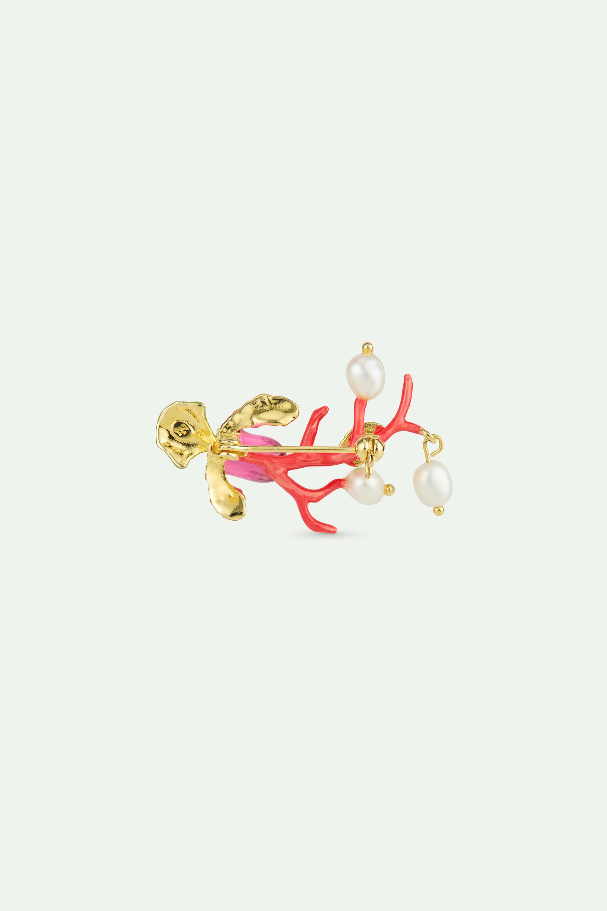Broche orchidée violette, corail rouge, cétoine verte et perles de culture - Image 2
