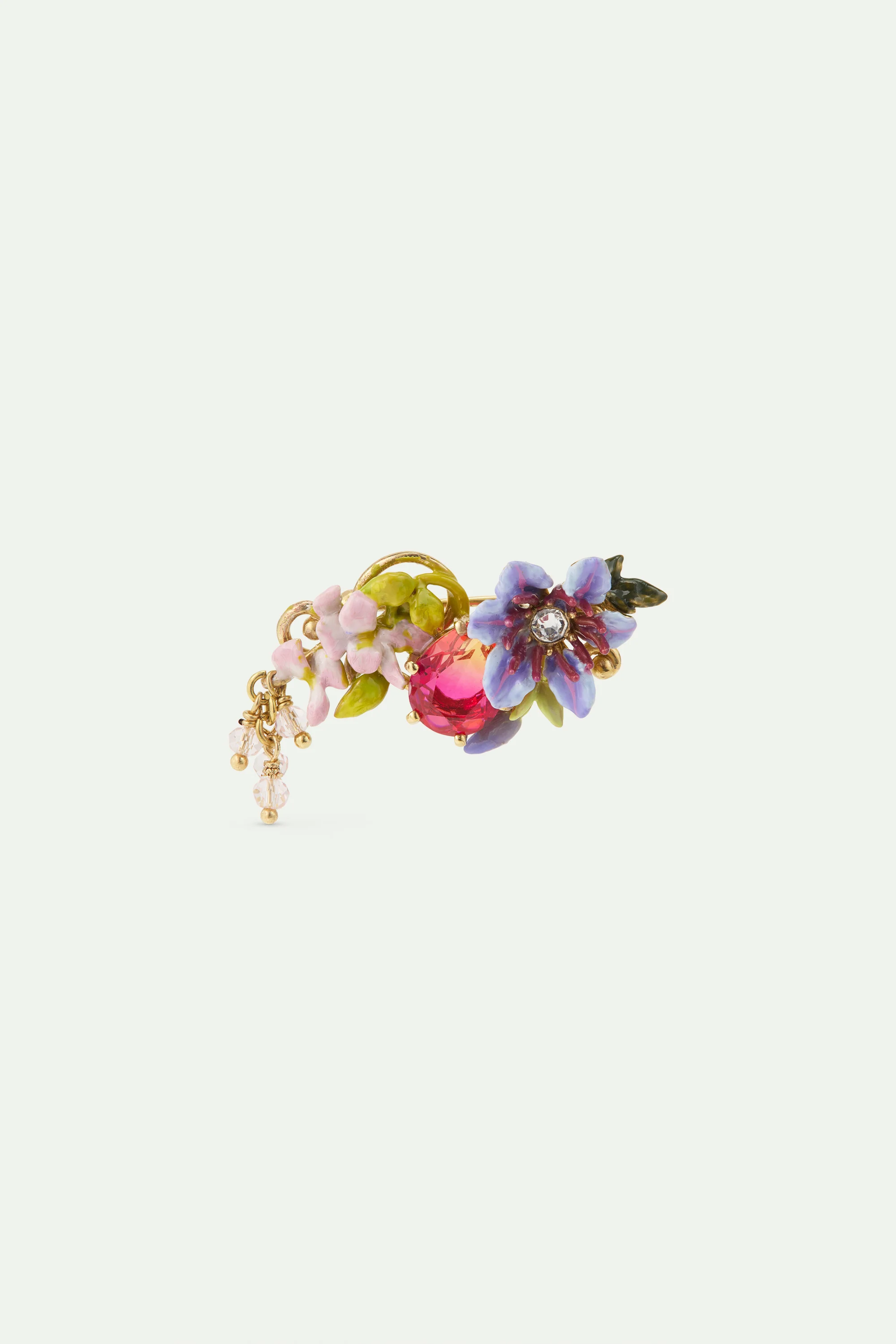Broche pierre rose, clématite et glycine sur arabesque dorée