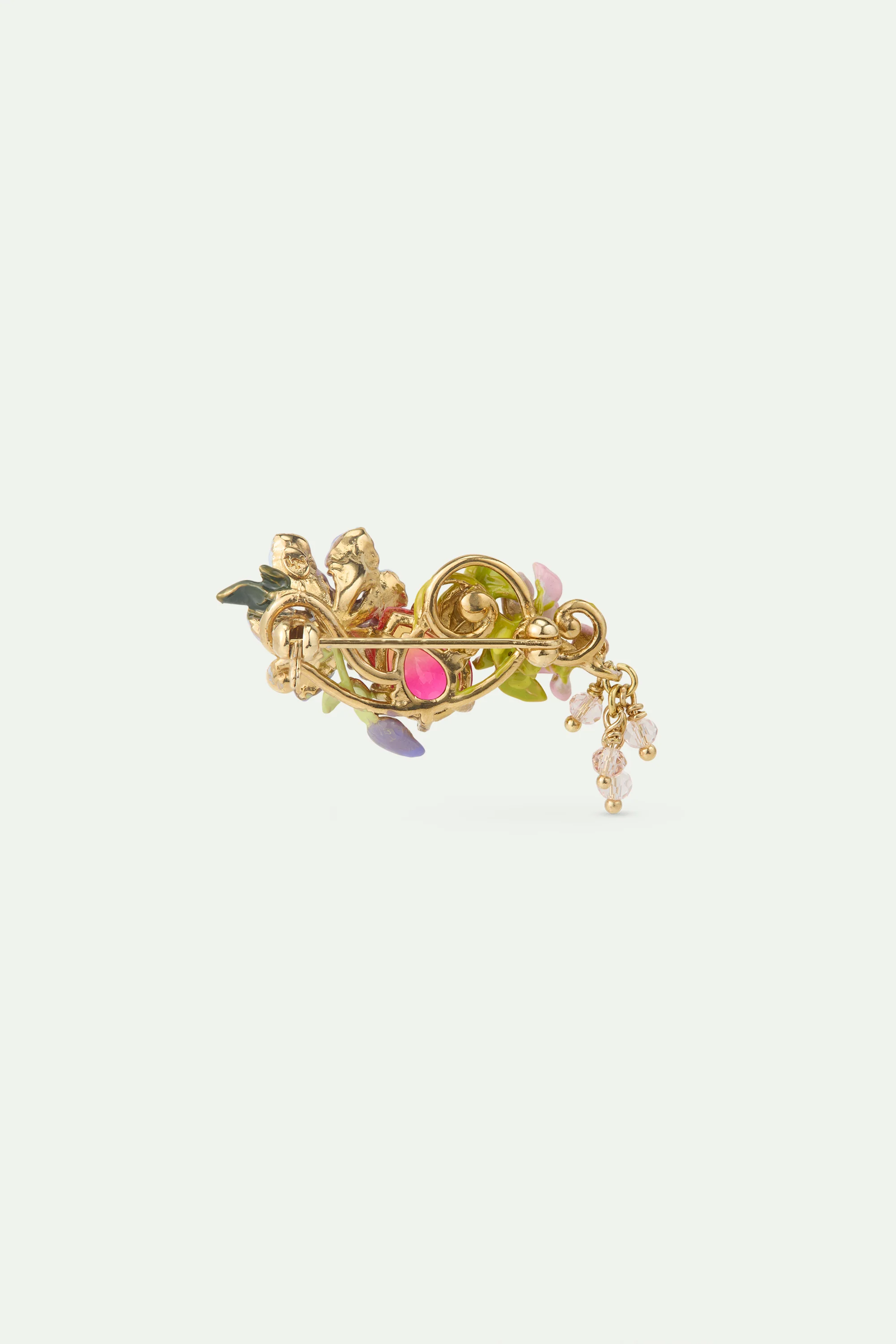 Broche pierre rose, clématite et glycine sur arabesque dorée - Image 2