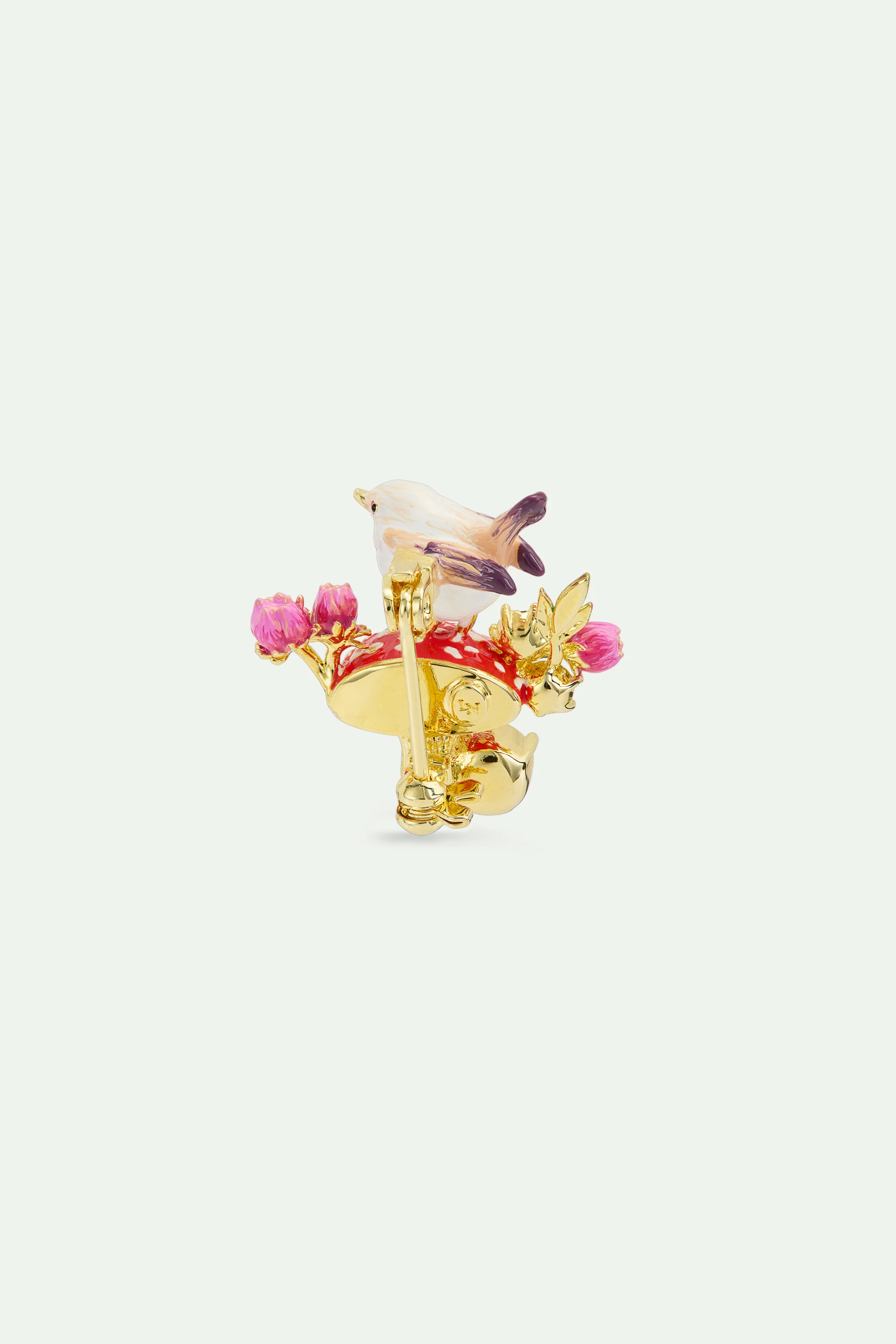 Broche plectrophane des neiges et champignon, bouton de rose et cristaux - Image 3
