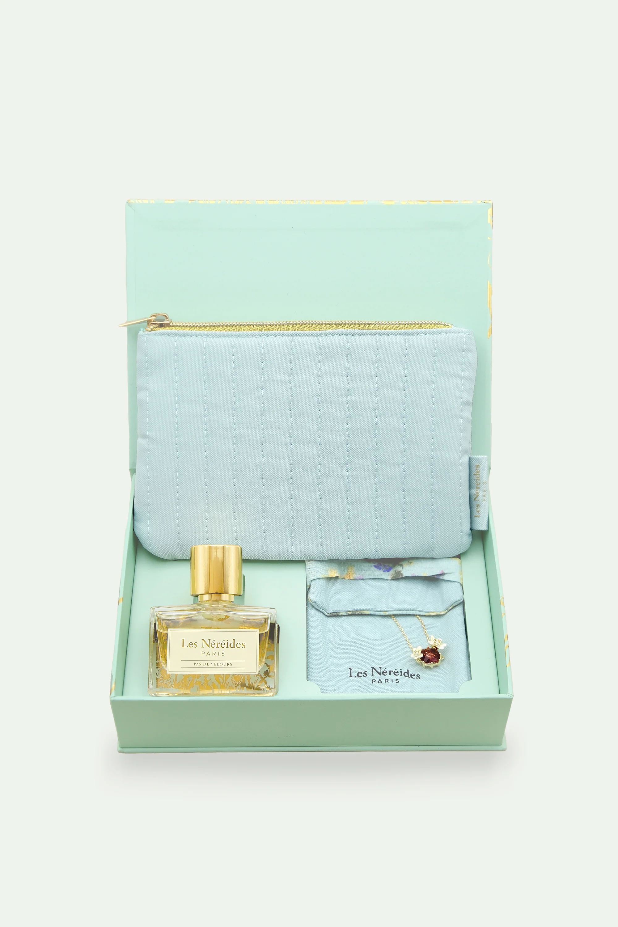 Coffret parfum Pas de Velours 30ml, bracelet fleurs de vanille et verre facetté