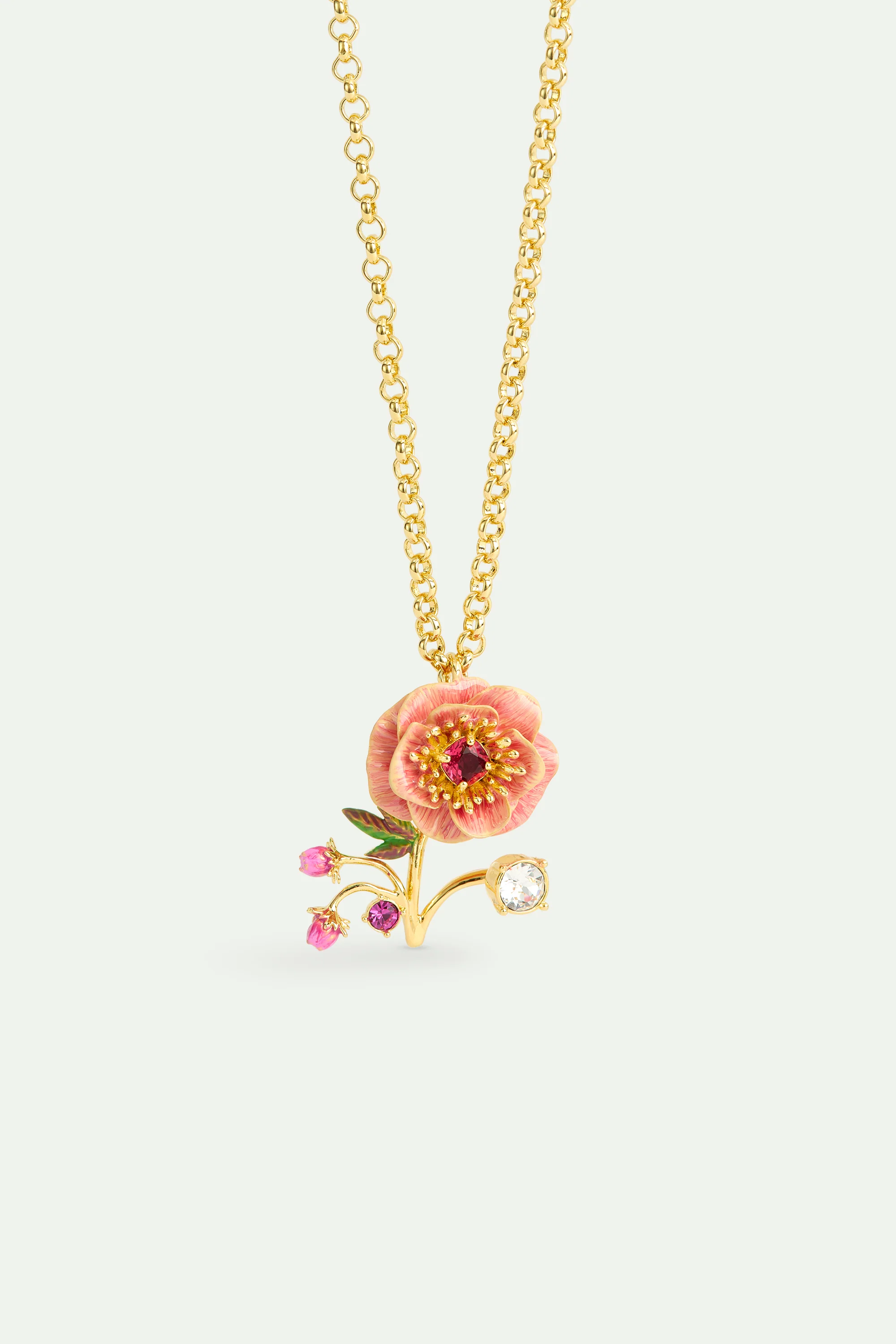 Collier anémone rose, boutons de rose et cristal