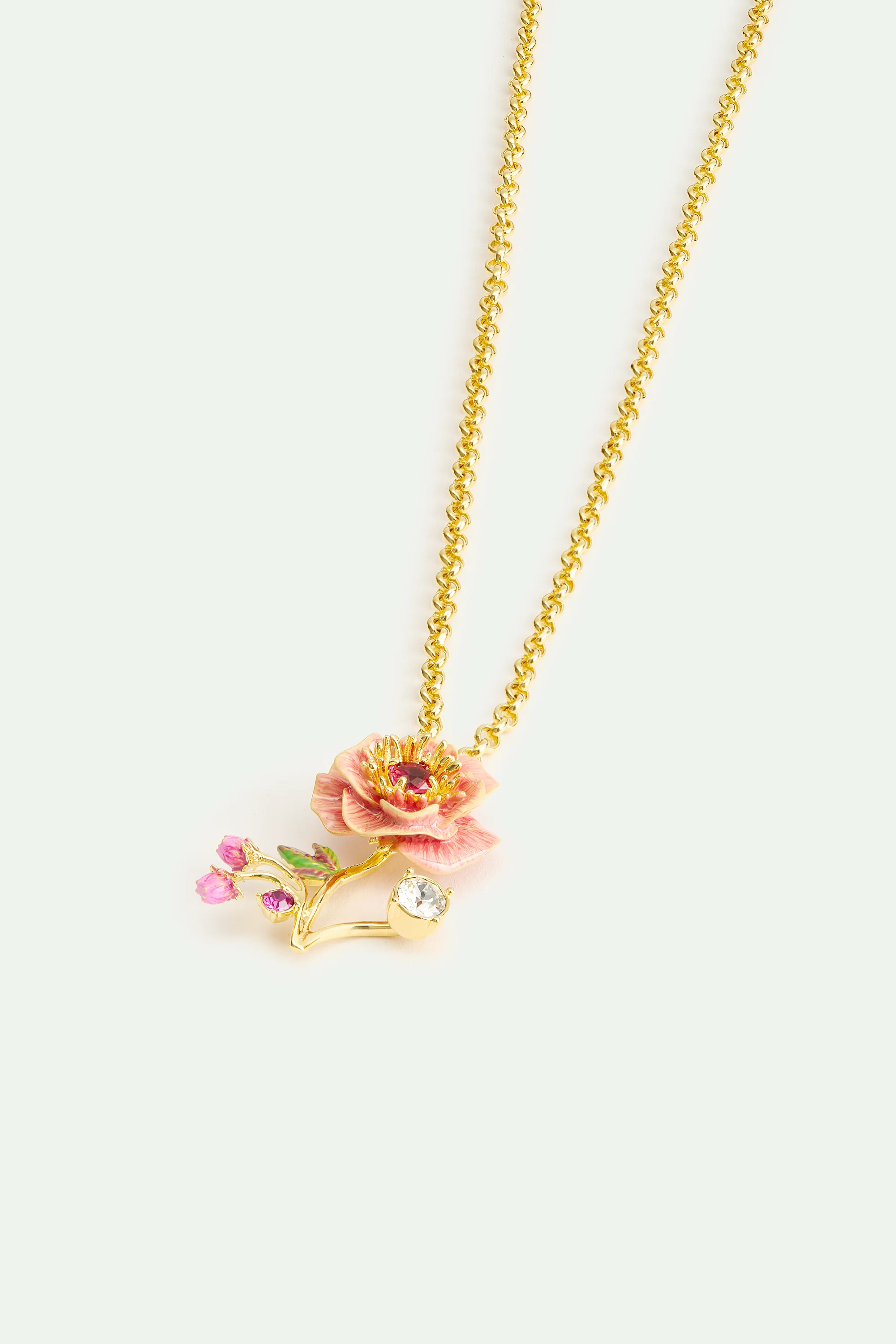 Collier anémone rose, boutons de rose et cristal - Image 3