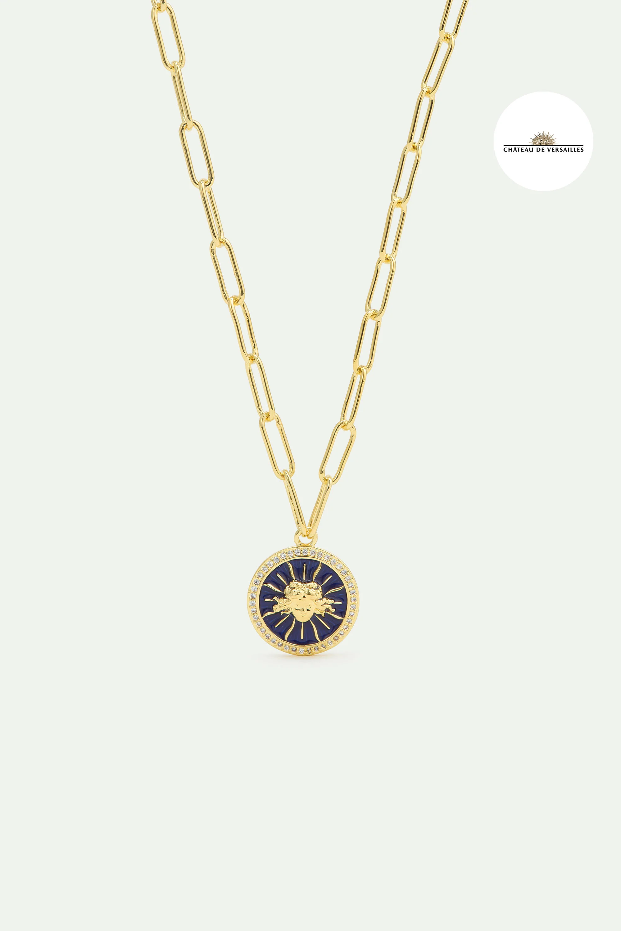 Collier chaîne maille médaille bleue roi soleil