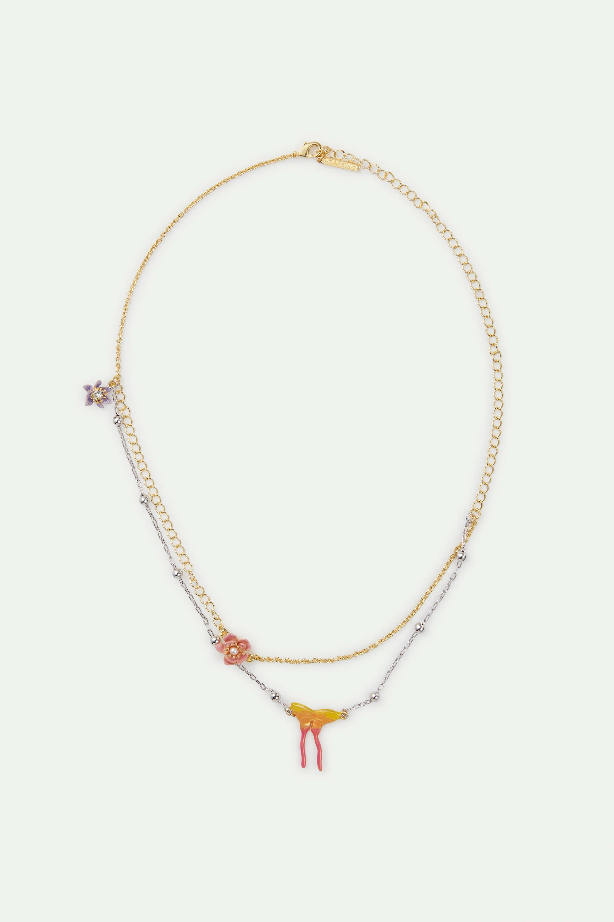 Collier double chaine bicolore, fleurs de magnolia et papillon - Image 4