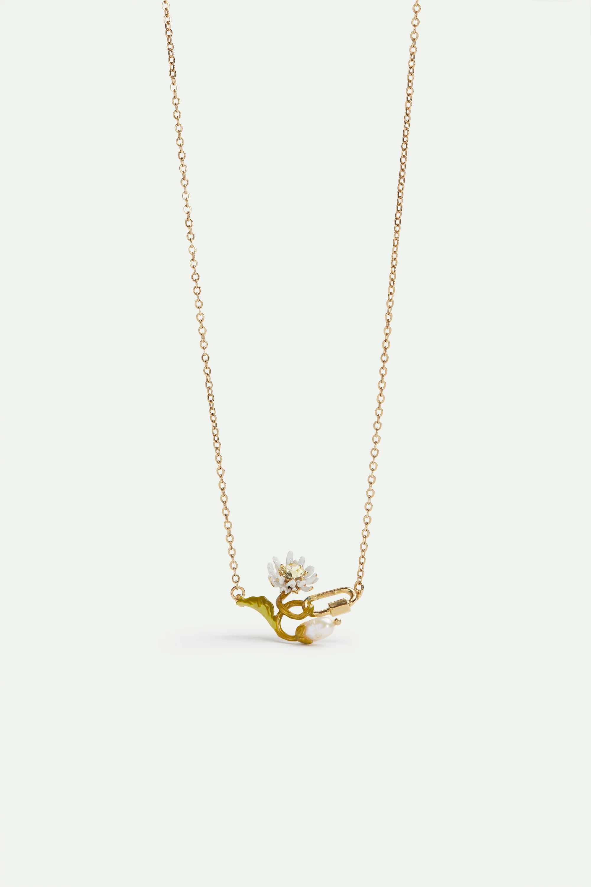Collier fin pâquerette blanche et verte, perle de culture, mousqueton