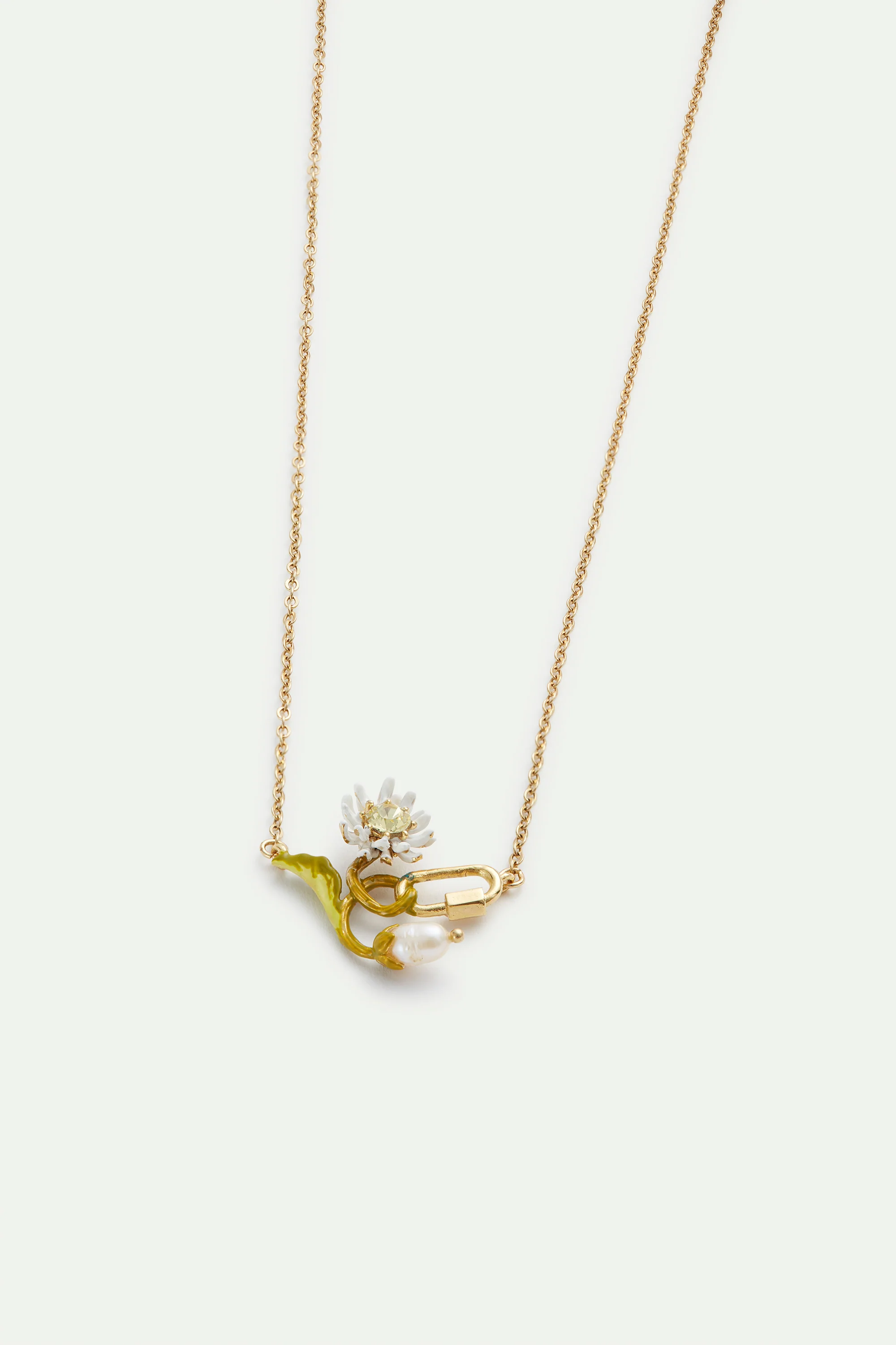 Collier fin pâquerette blanche et verte, perle de culture, mousqueton - Image 3