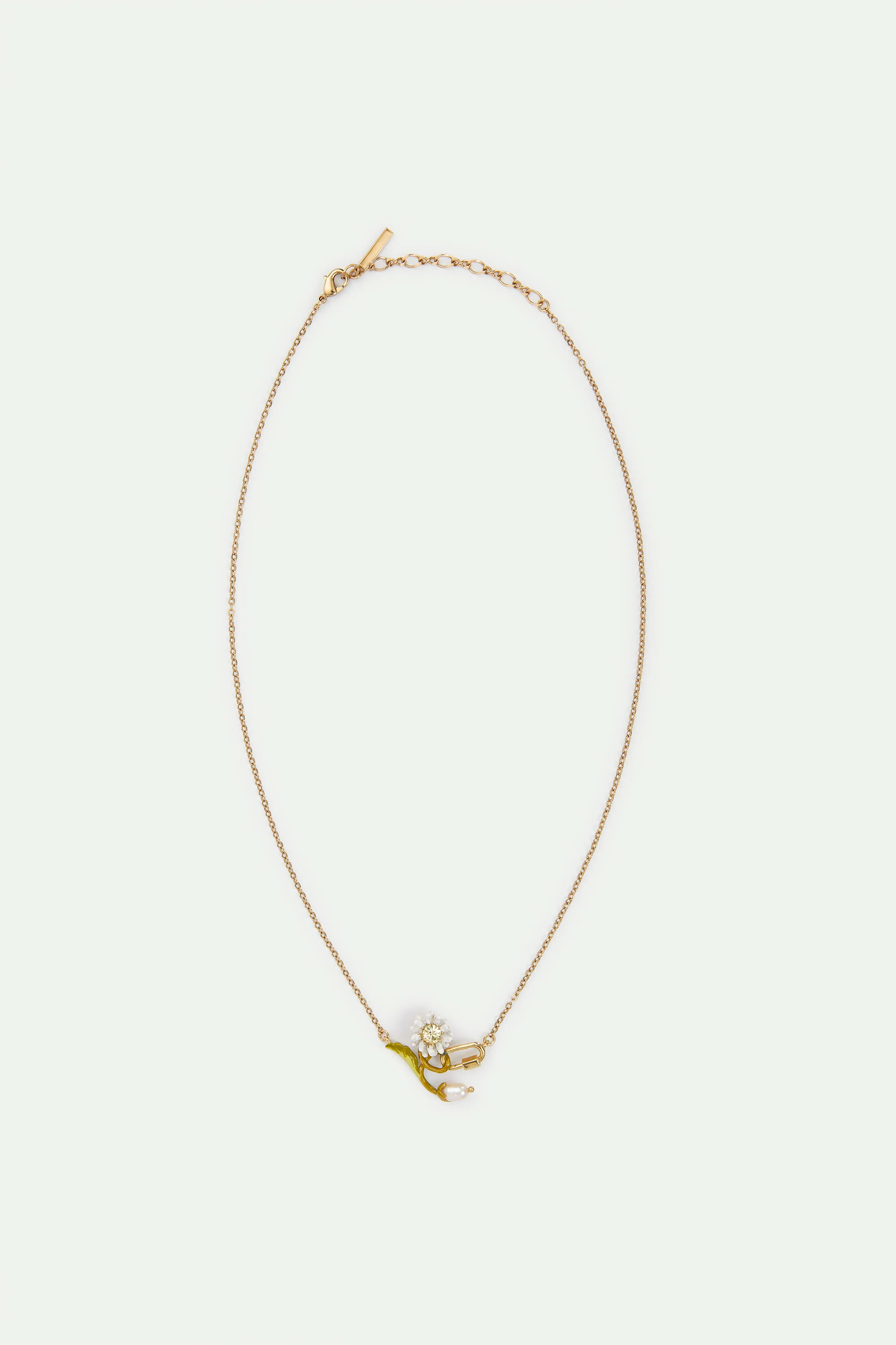 Collier fin pâquerette blanche et verte, perle de culture, mousqueton - Image 4