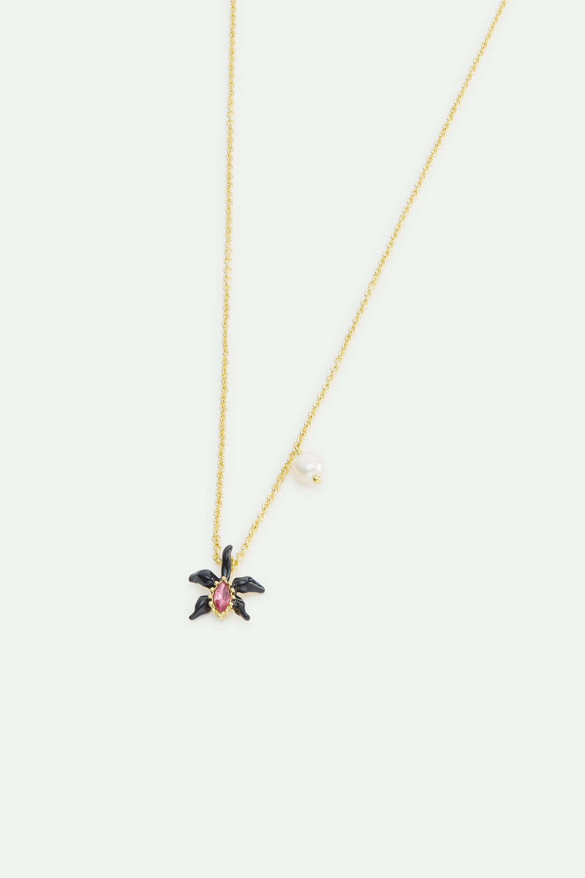 Collier fin pendentif orchidée noire, cristal facetté rose et perle de culture. - Image 3