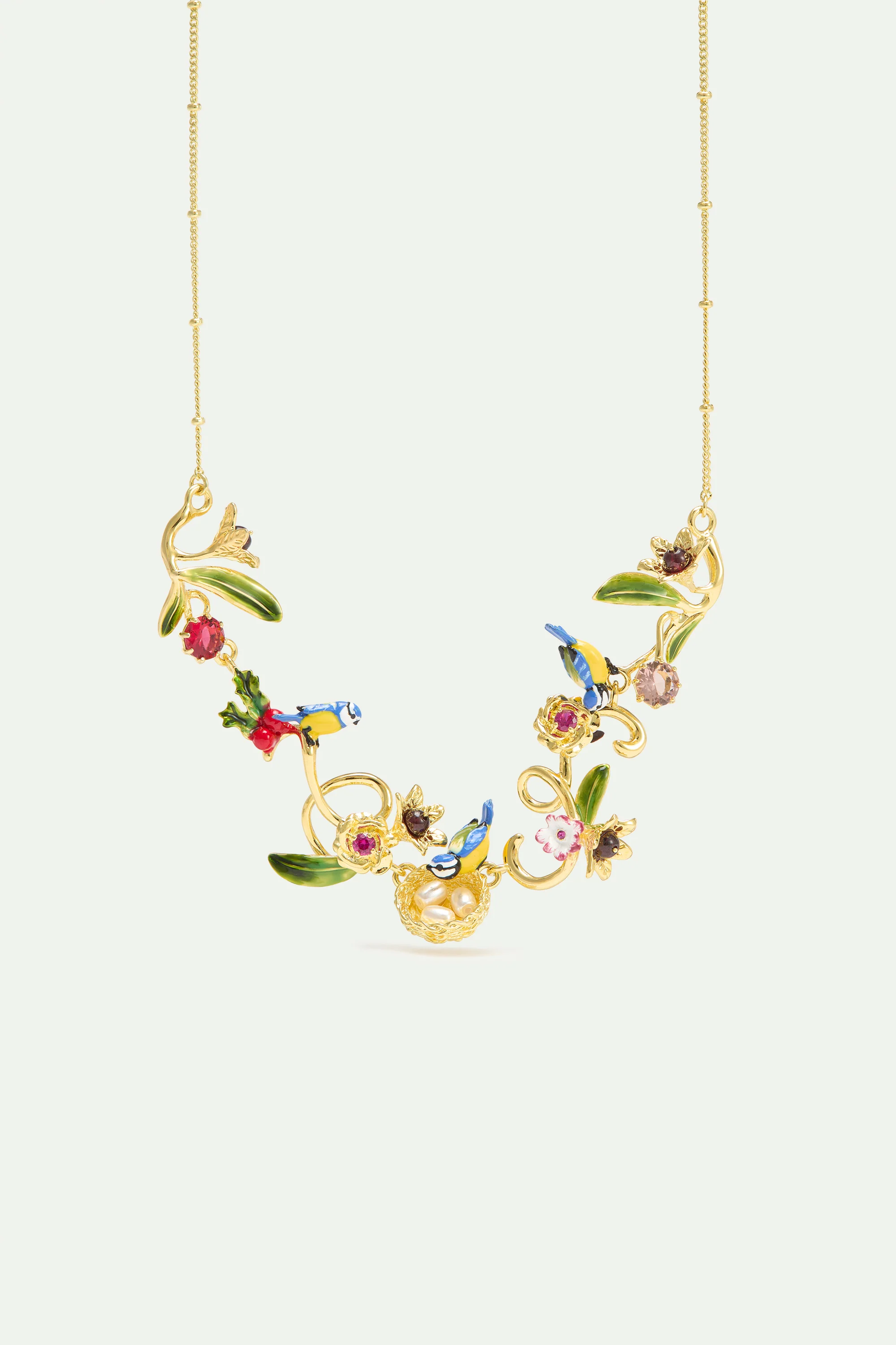 Collier nid doré, mésanges, perles et pierres roses